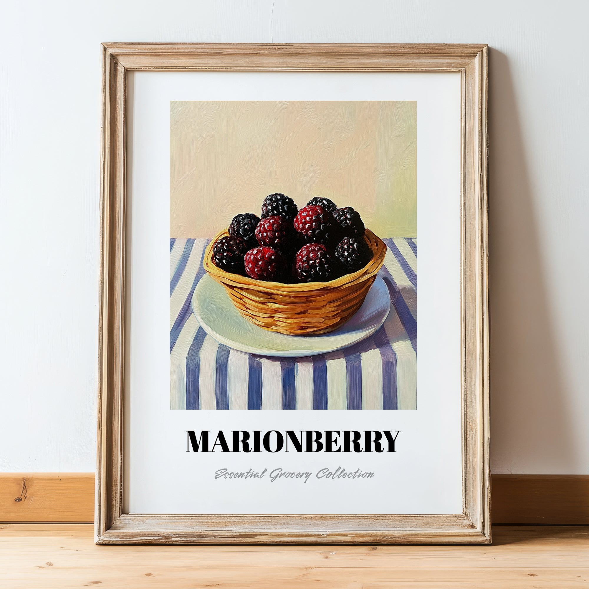 Marionberry – on Striped Tablecloth, Berries Wall Decor, in wooden frame leaning on the floor