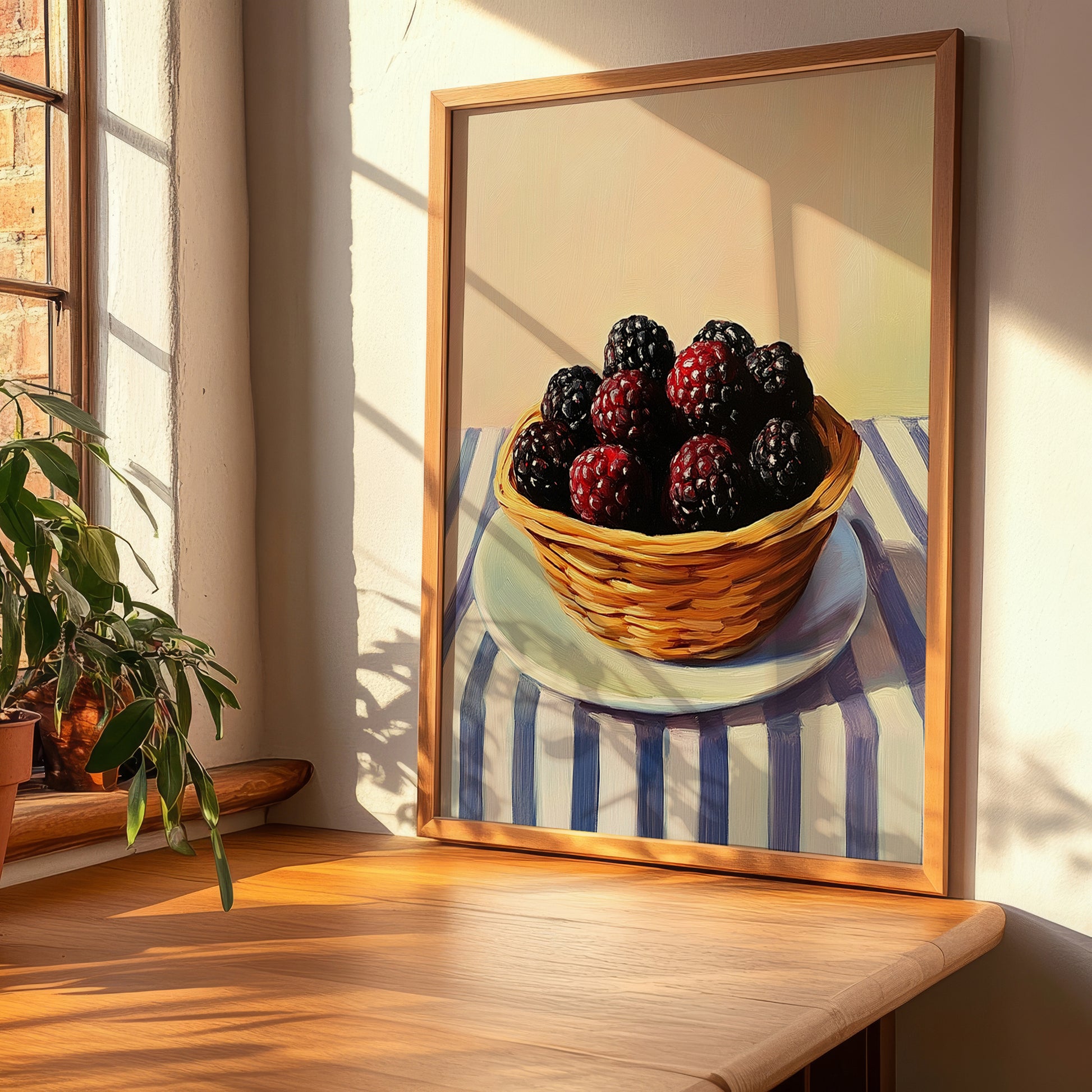 Marionberry – on Striped Tablecloth, Berries Wall Decor, clean layout with no caption