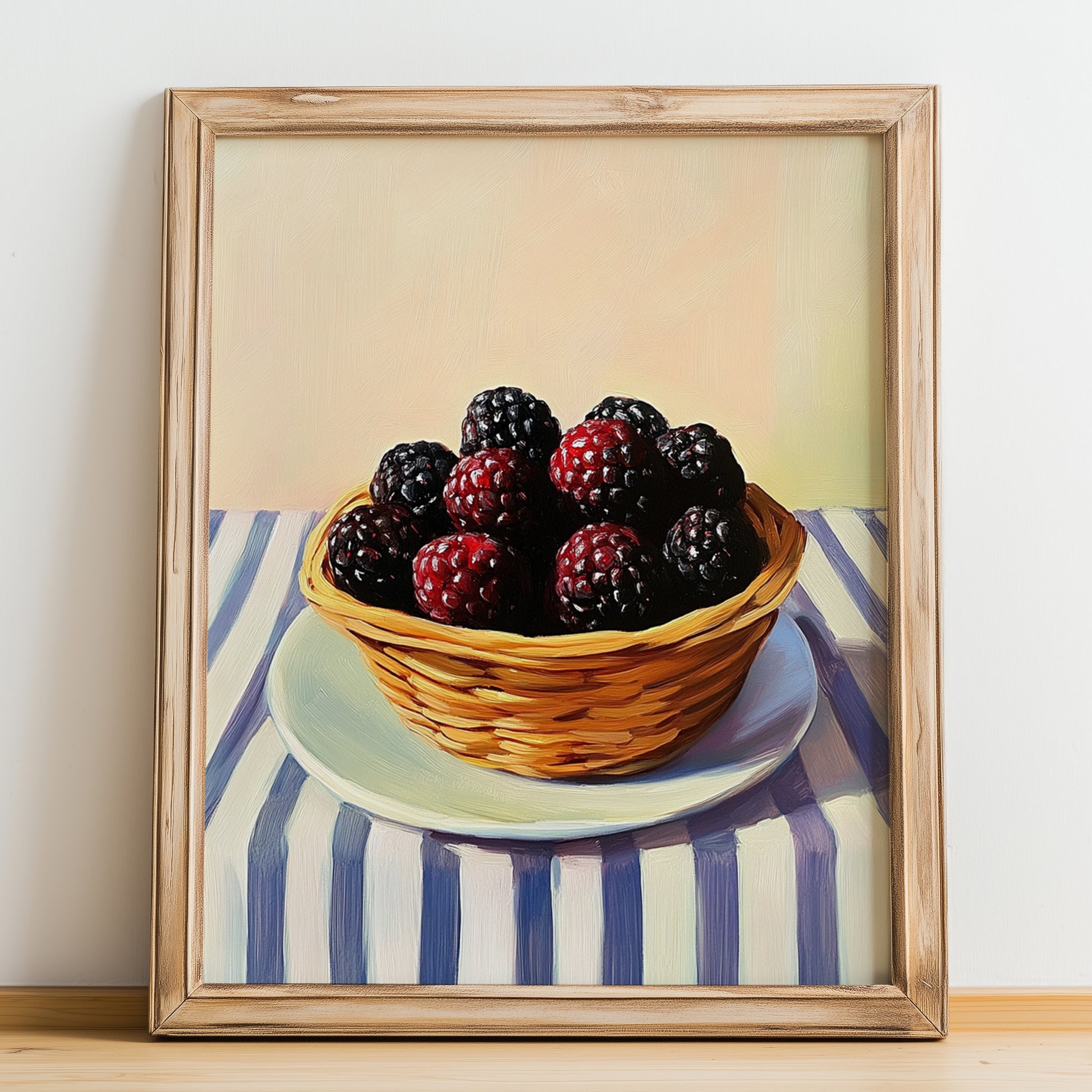 Marionberry – on Striped Tablecloth, Berries Wall Decor, no-text version framed in wood
