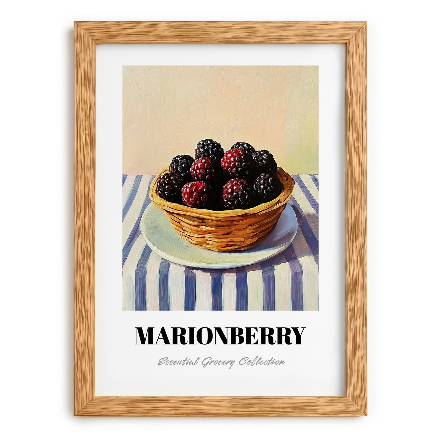 Marionberry – on Striped Tablecloth, Berries Wall Decor, set in oak frame