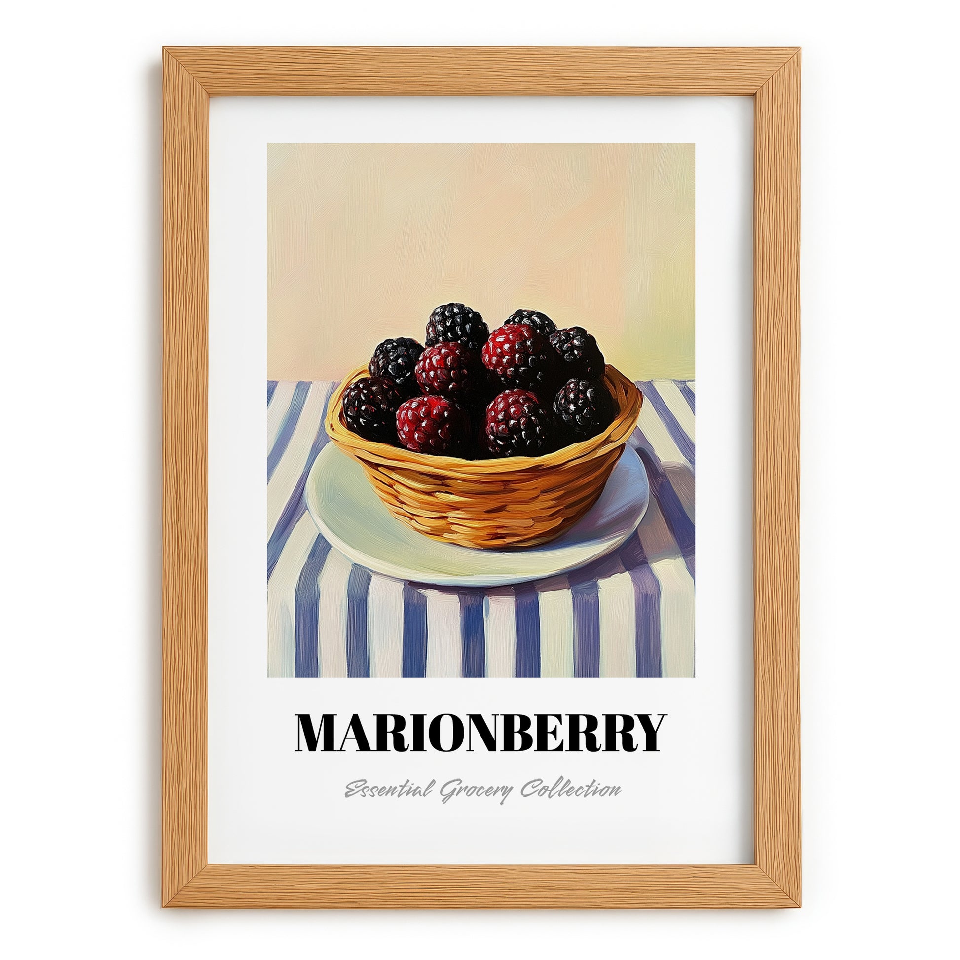 Marionberry – on Striped Tablecloth, Berries Wall Decor, set in oak frame