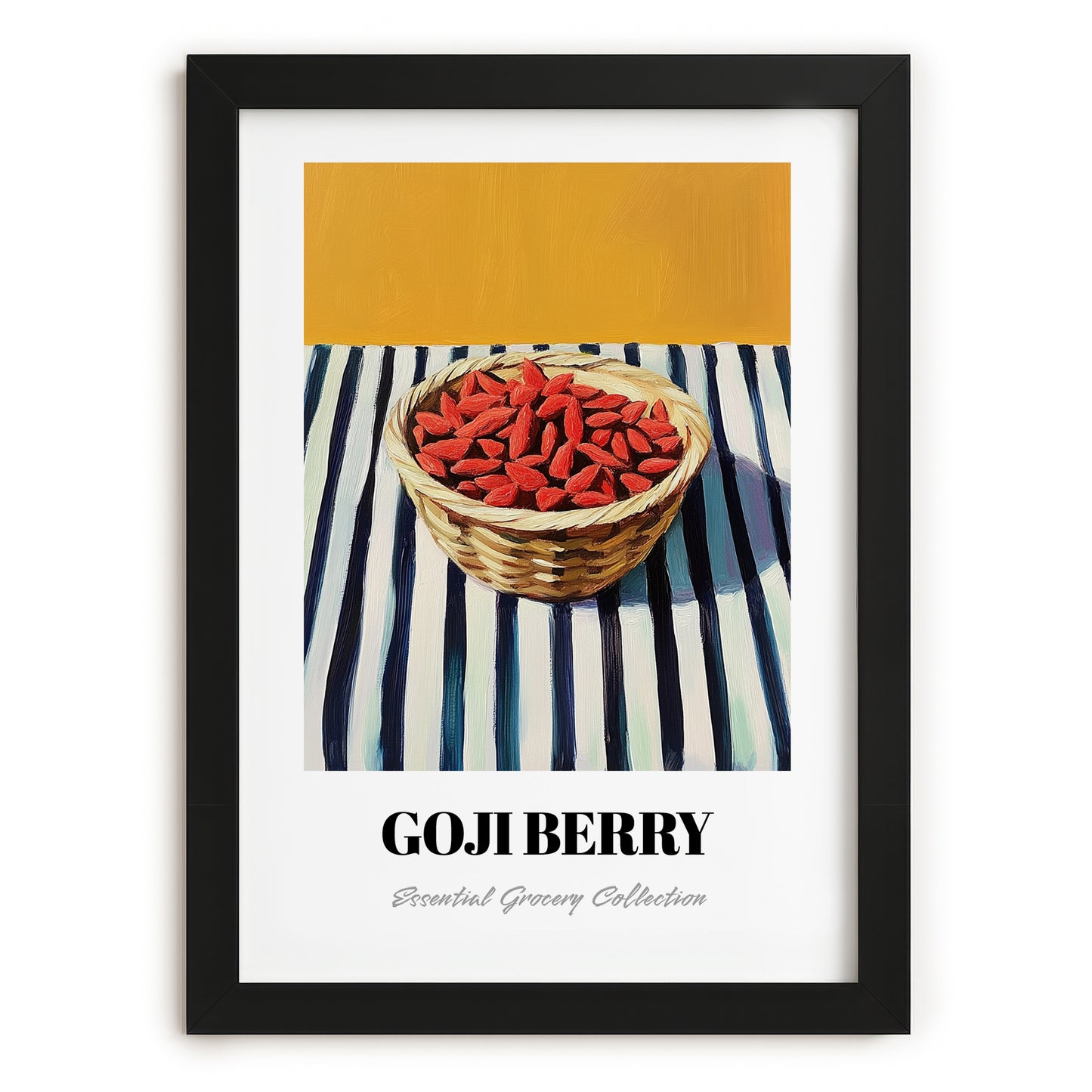 Goji – on Striped Tablecloth, Berries Wall Decor, in sleek black frame