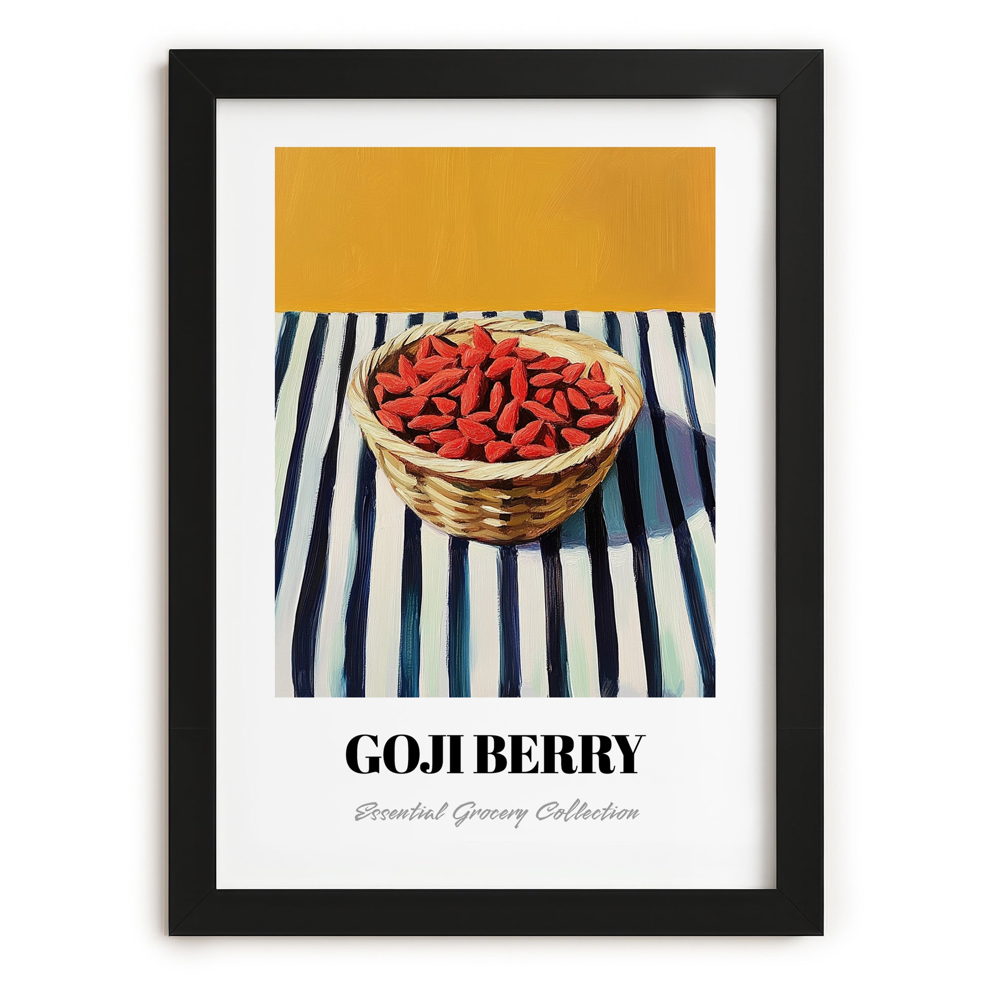 Goji – on Striped Tablecloth, Berries Wall Decor, in sleek black frame