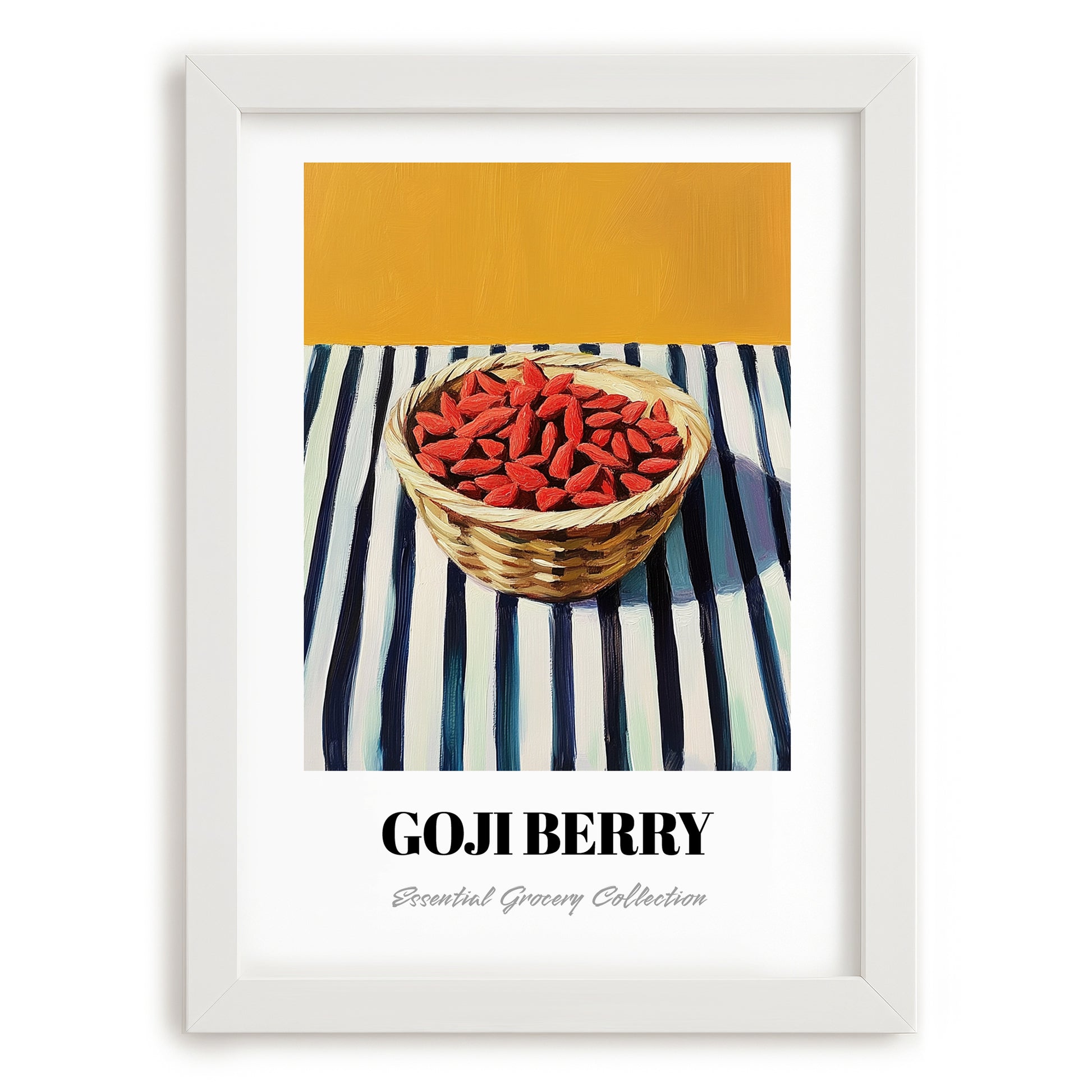 Goji – on Striped Tablecloth, Berries Wall Decor, placed in minimal white frame