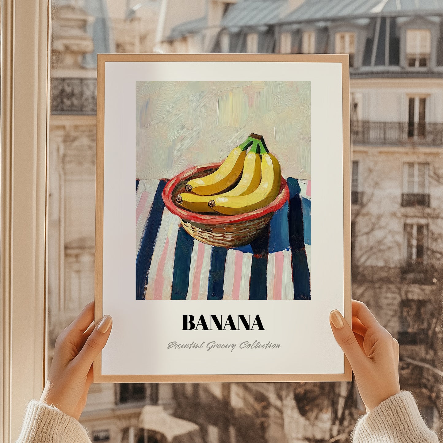 Banana – on Striped Tablecloth, Fruit Wall Decor, styled in a charming Paris street view