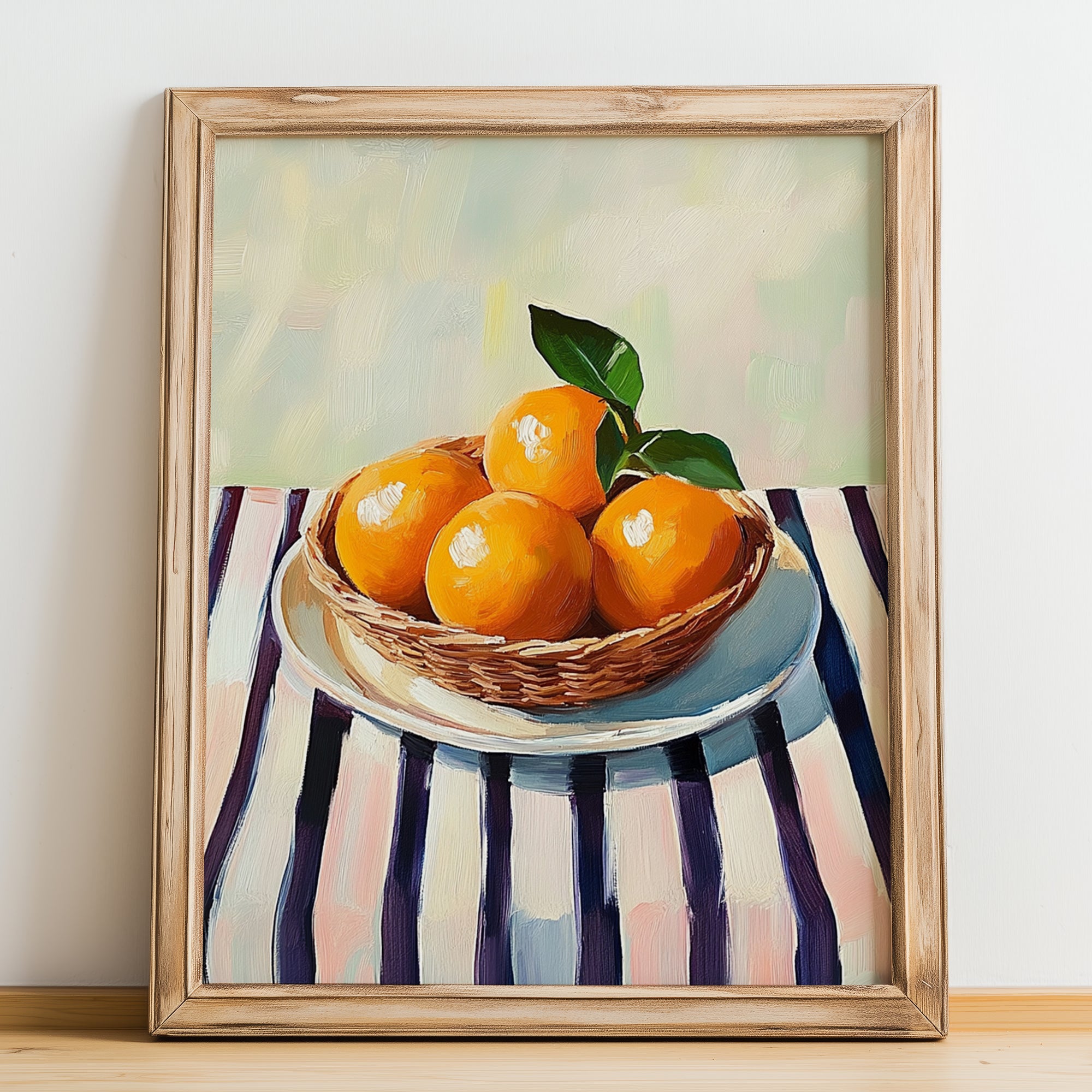 Orange – on Striped Tablecloth, Fruit Still Life, no-text version framed in wood