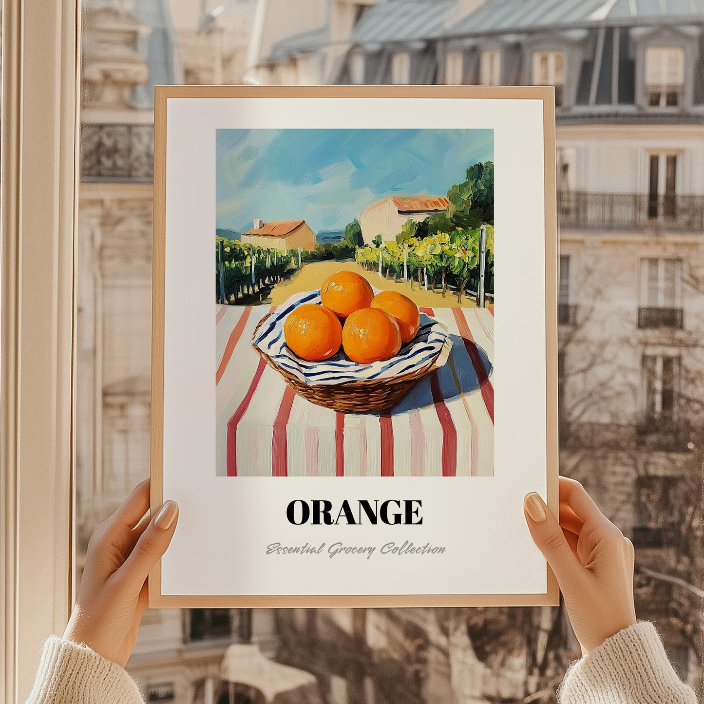 Orange – Valley Café Scene, Fruit Painting, styled in a charming Paris street view