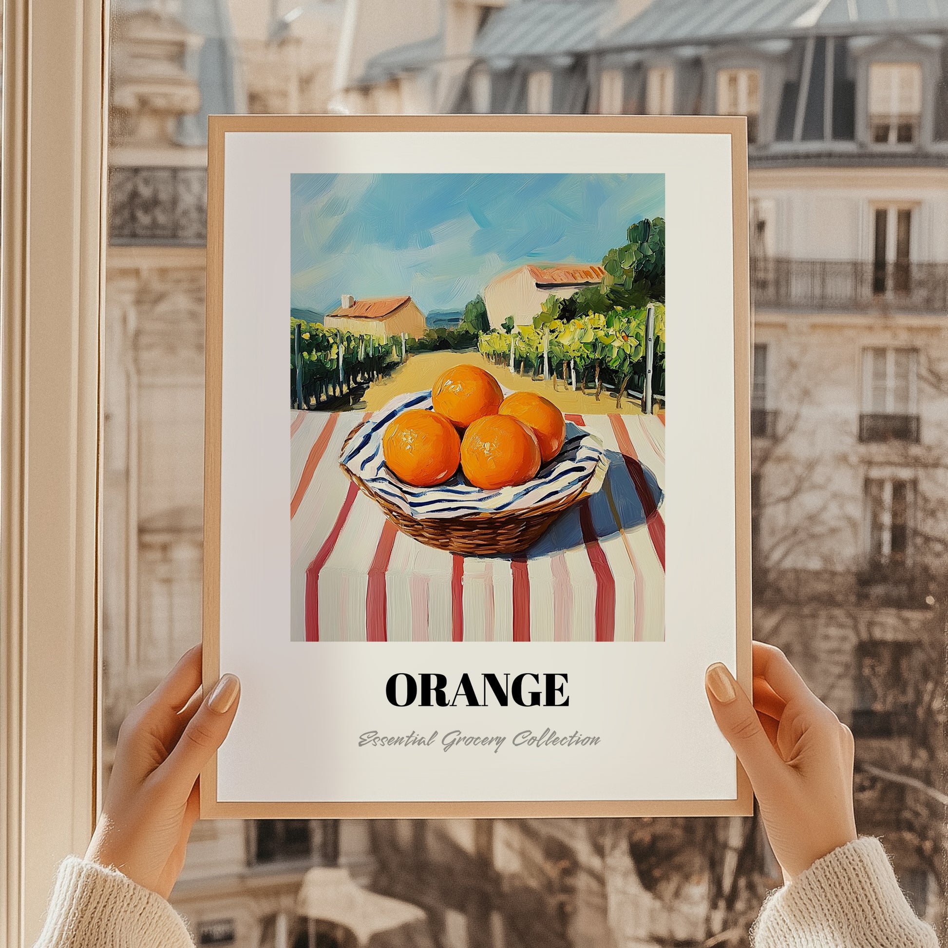 Orange – Valley Café Scene, Fruit Painting, styled in a charming Paris street view