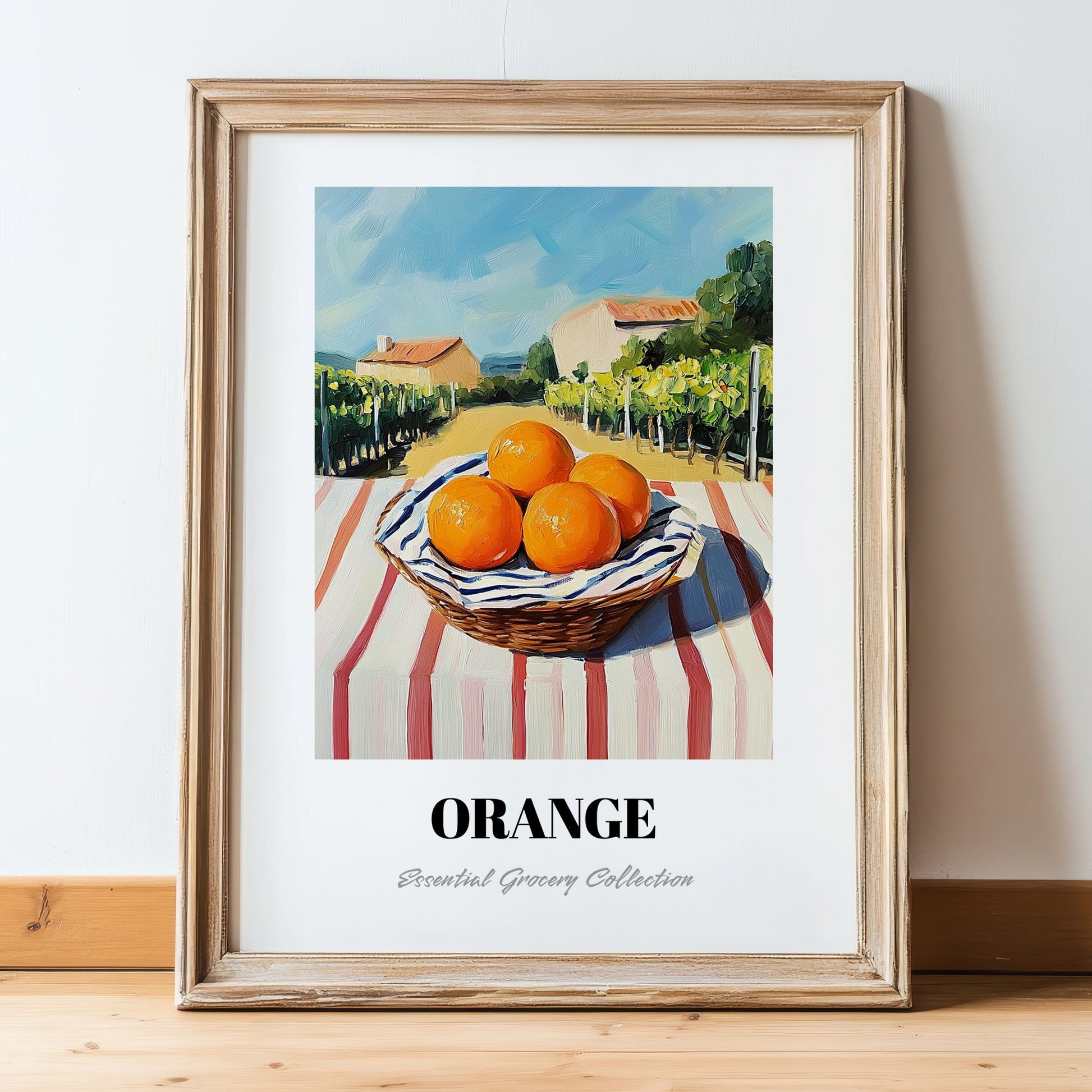 Orange – Valley Café Scene, Fruit Painting, in wooden frame leaning on the floor