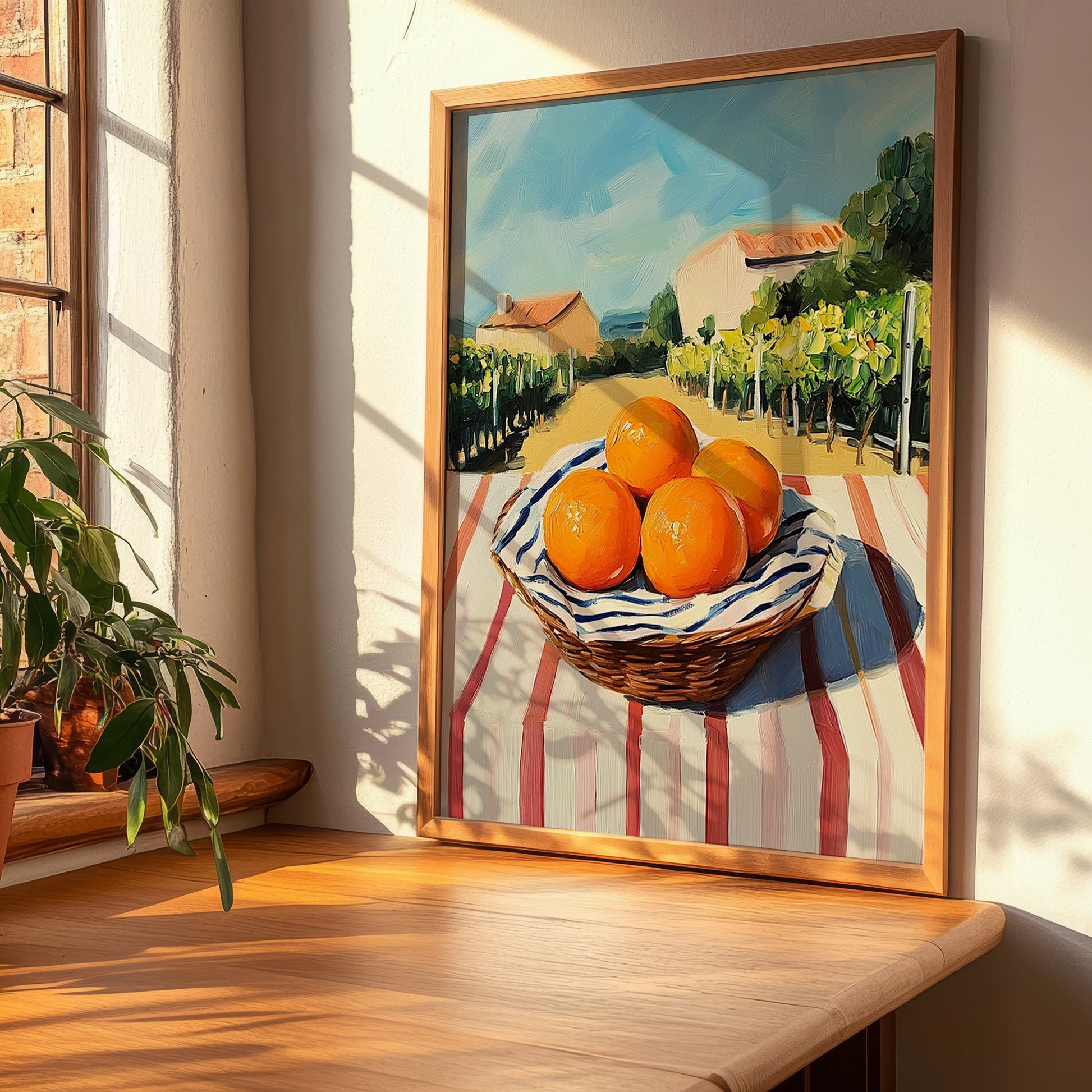 Orange – Valley Café Scene, Fruit Painting, clean layout with no caption