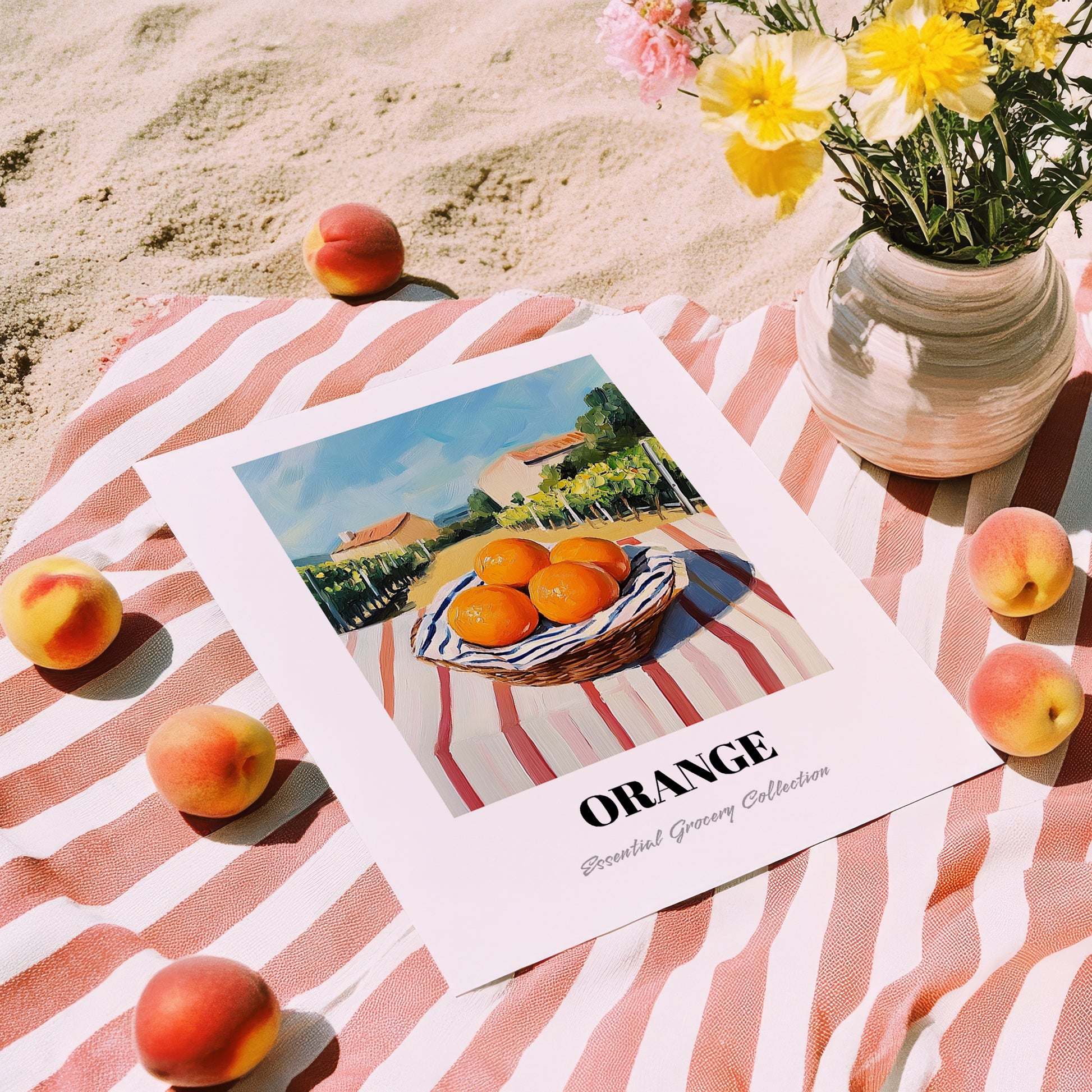 Orange – Valley Café Scene, Fruit Painting, unframed on coastal sand