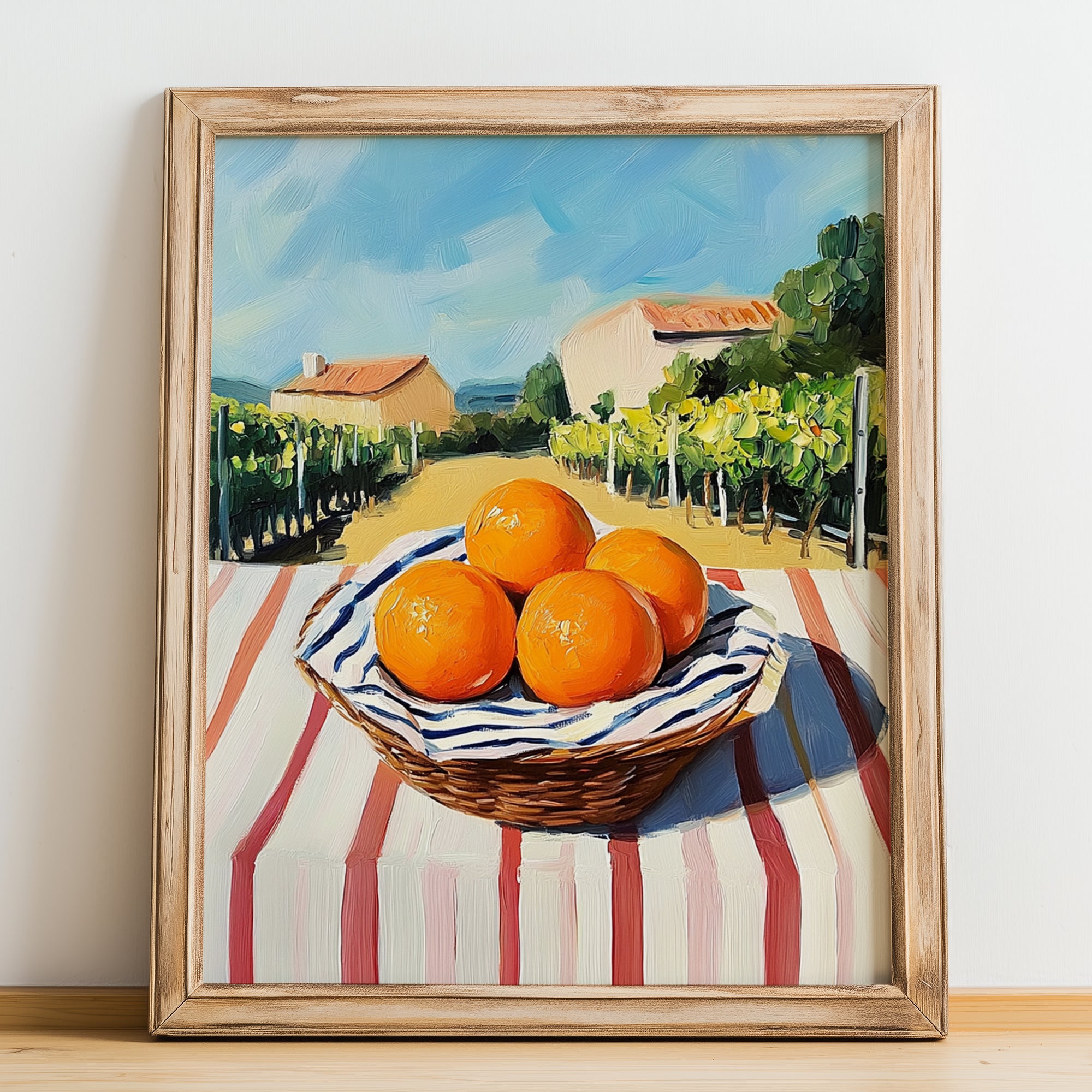 Orange – Valley Café Scene, Fruit Painting, no-text version framed in wood