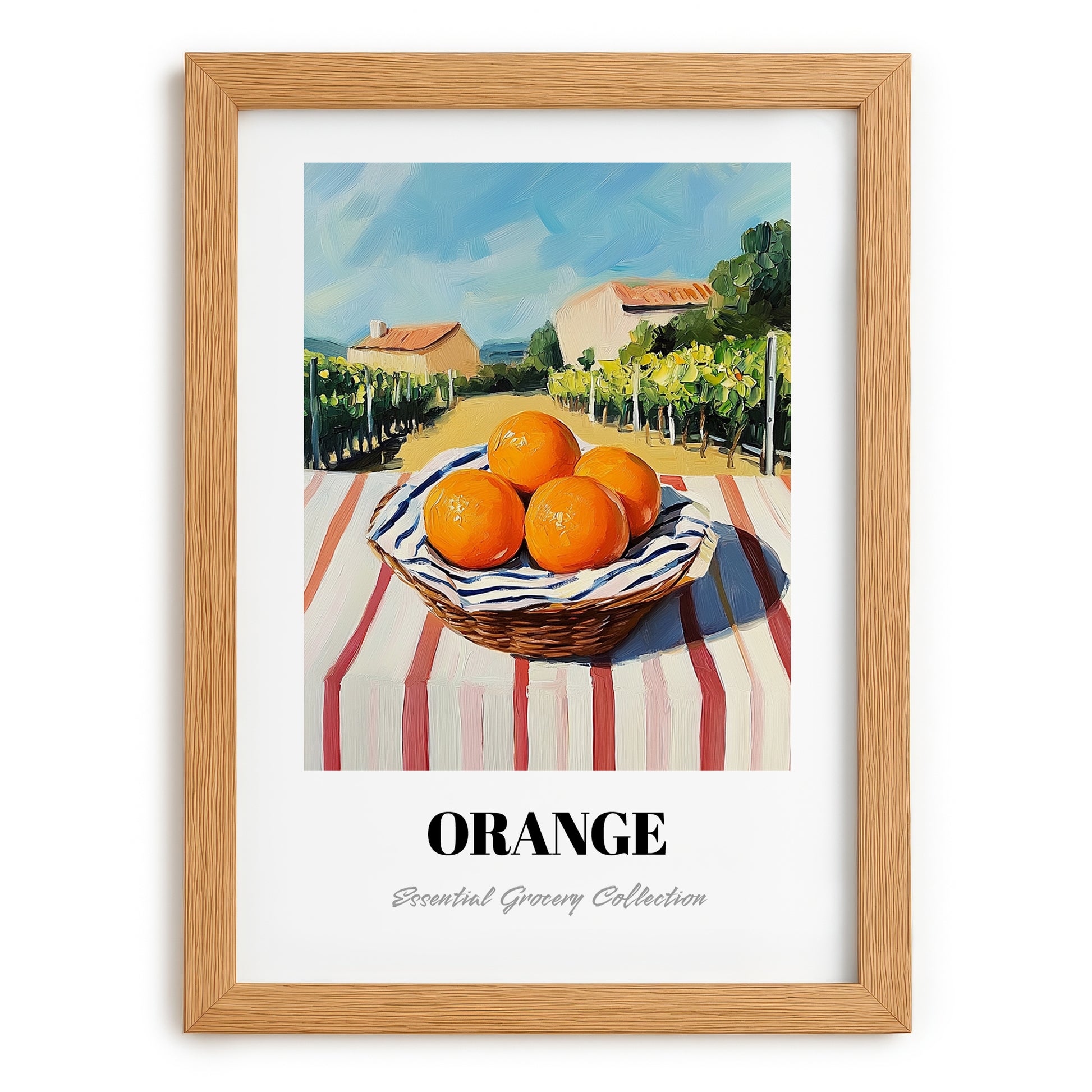 Orange – Valley Café Scene, Fruit Painting, set in oak frame