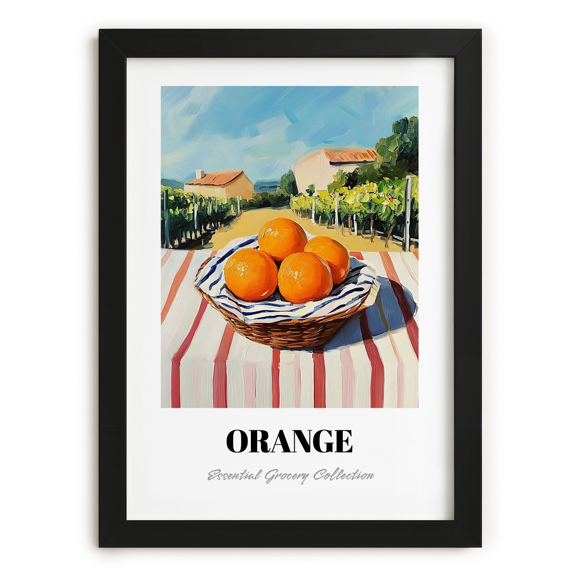 Orange – Valley Café Scene, Fruit Painting, in sleek black frame