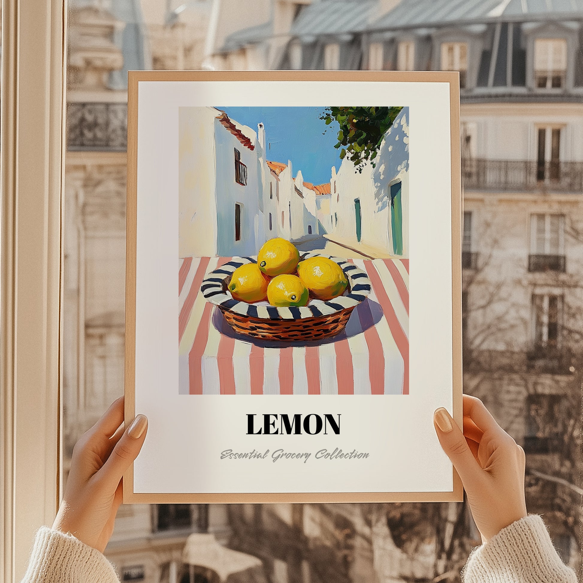 Lemon – White village Street Café Scene, Fruit Wall Decor, styled in a charming Paris street view