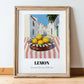 Lemon – White village Street Café Scene, Fruit Wall Decor, in wooden frame leaning on the floor