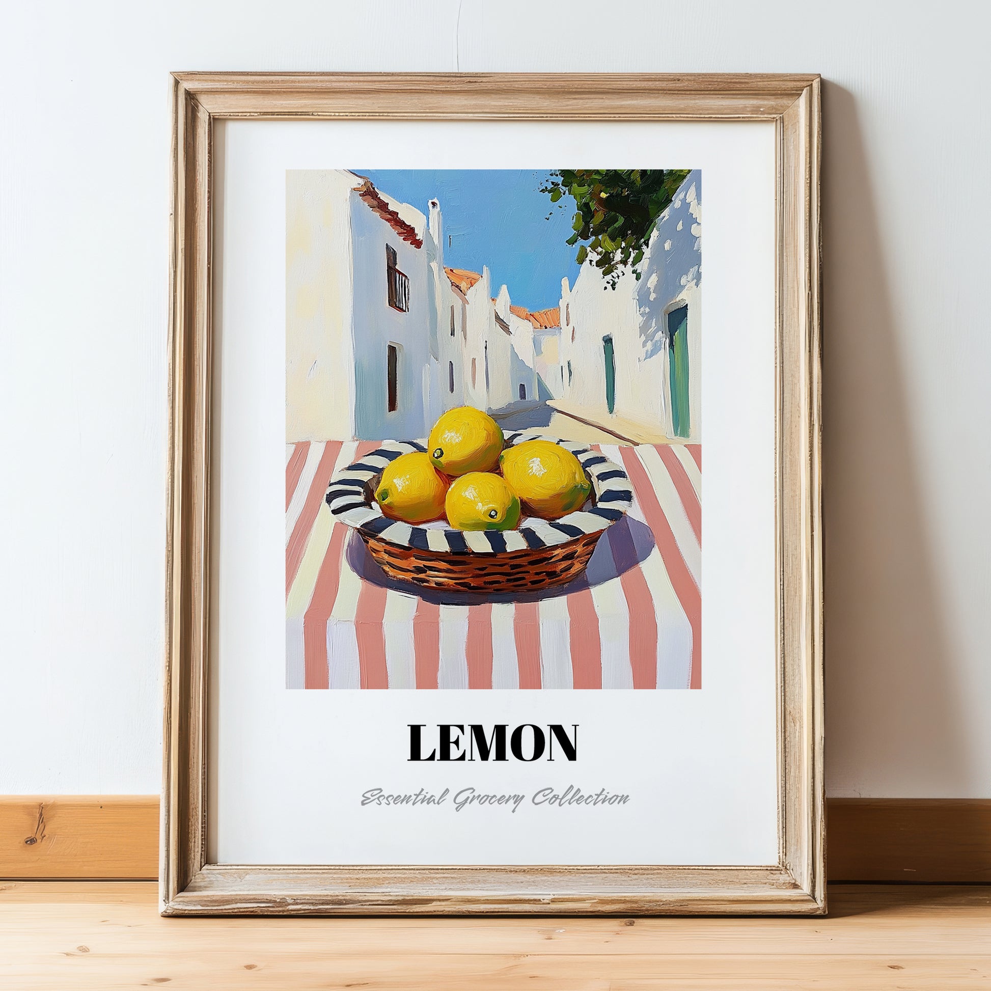 Lemon – White village Street Café Scene, Fruit Wall Decor, in wooden frame leaning on the floor