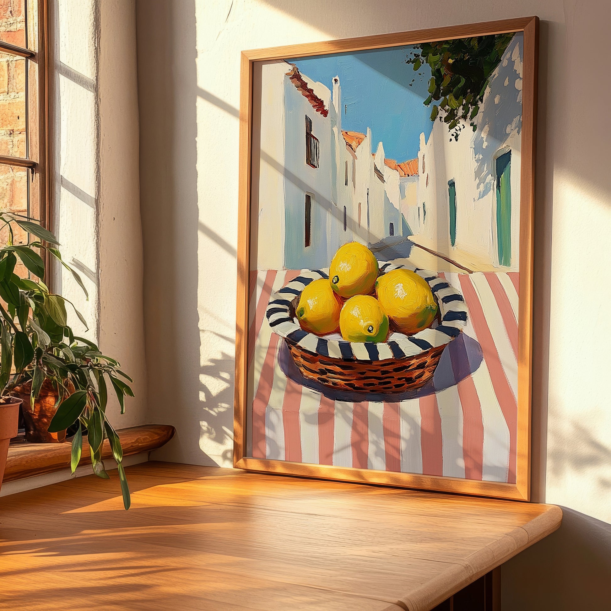 Lemon – White village Street Café Scene, Fruit Wall Decor, clean layout with no caption