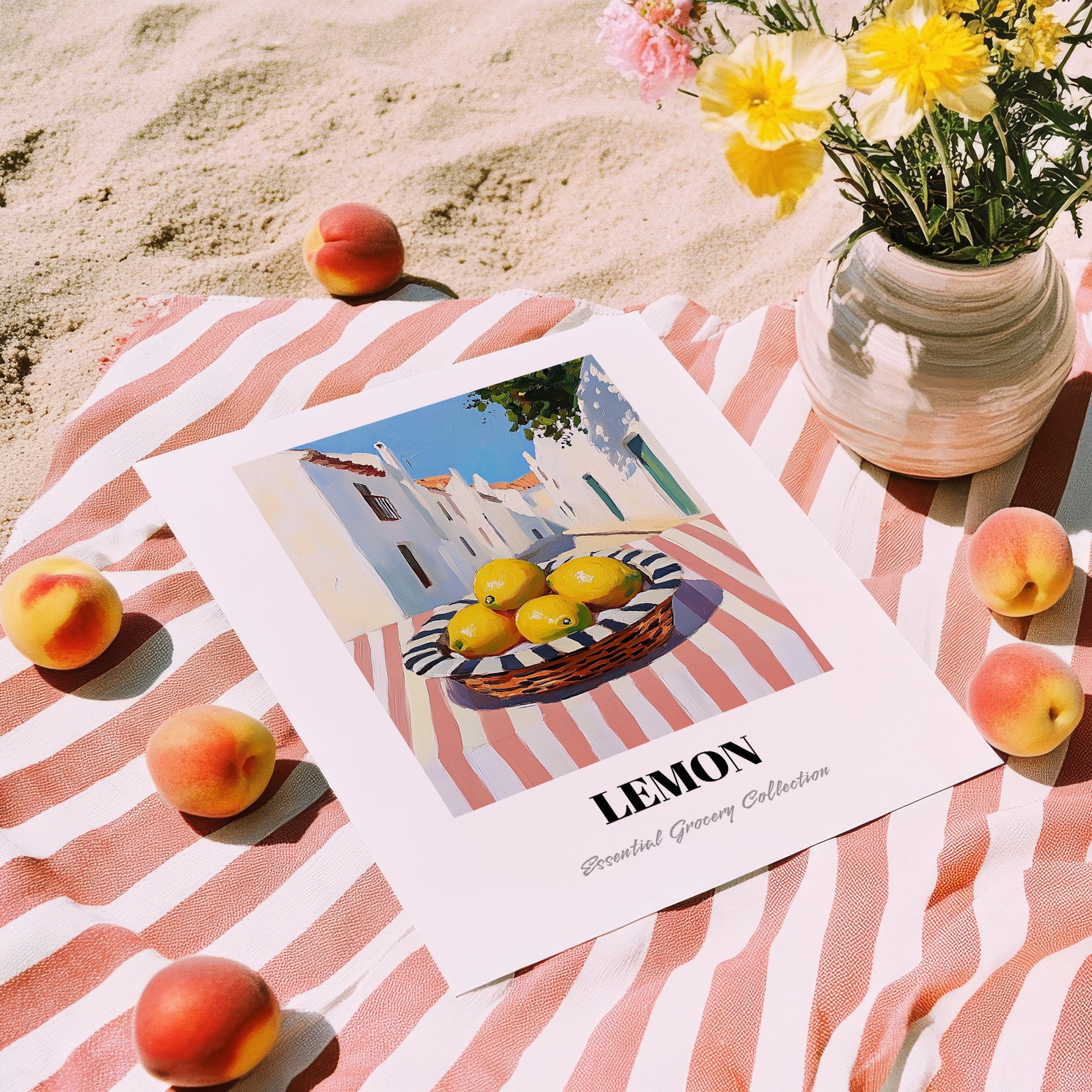 Lemon – White village Street Café Scene, Fruit Wall Decor, unframed on coastal sand