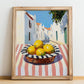 Lemon – White village Street Café Scene, Fruit Wall Decor, no-text version framed in wood