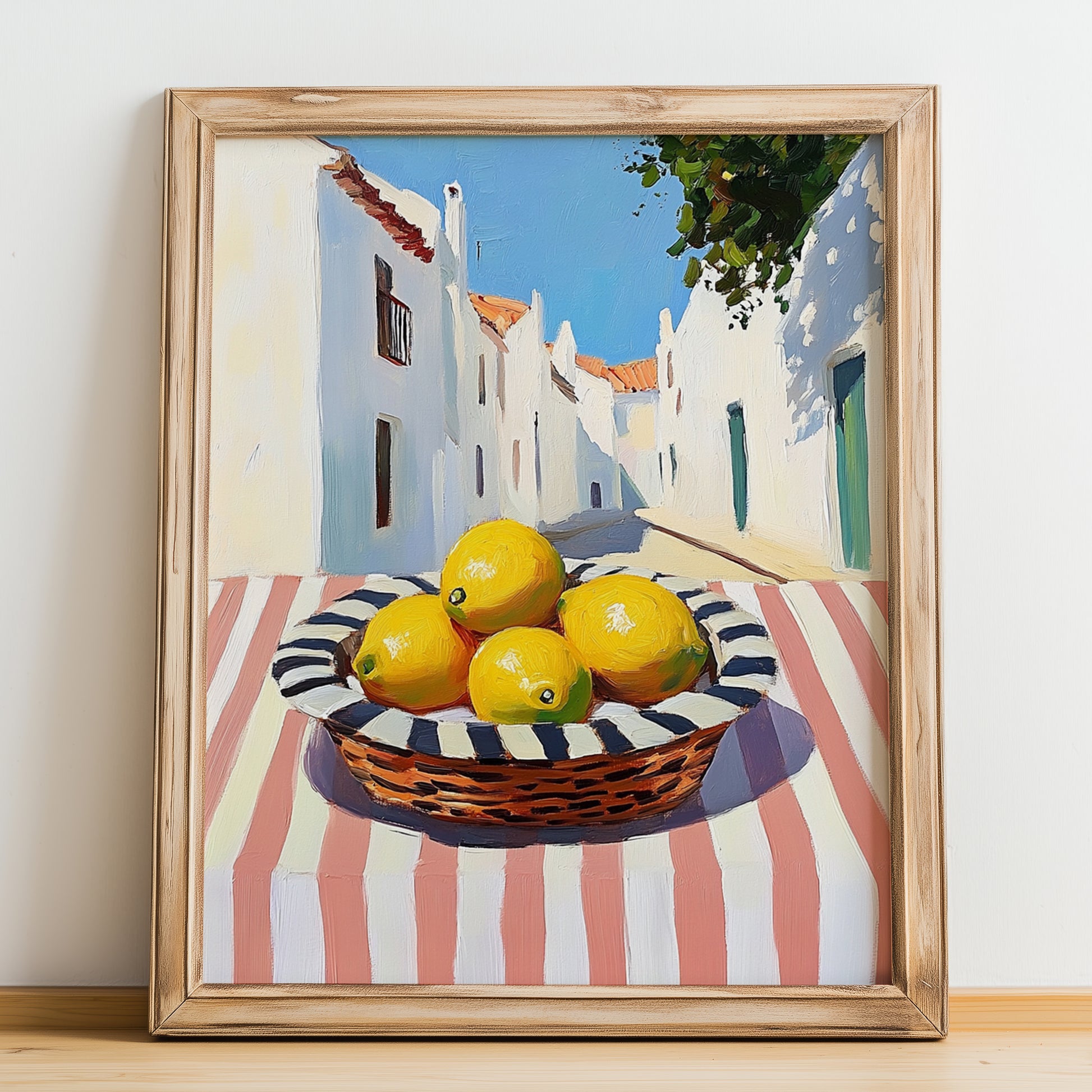 Lemon – White village Street Café Scene, Fruit Wall Decor, no-text version framed in wood