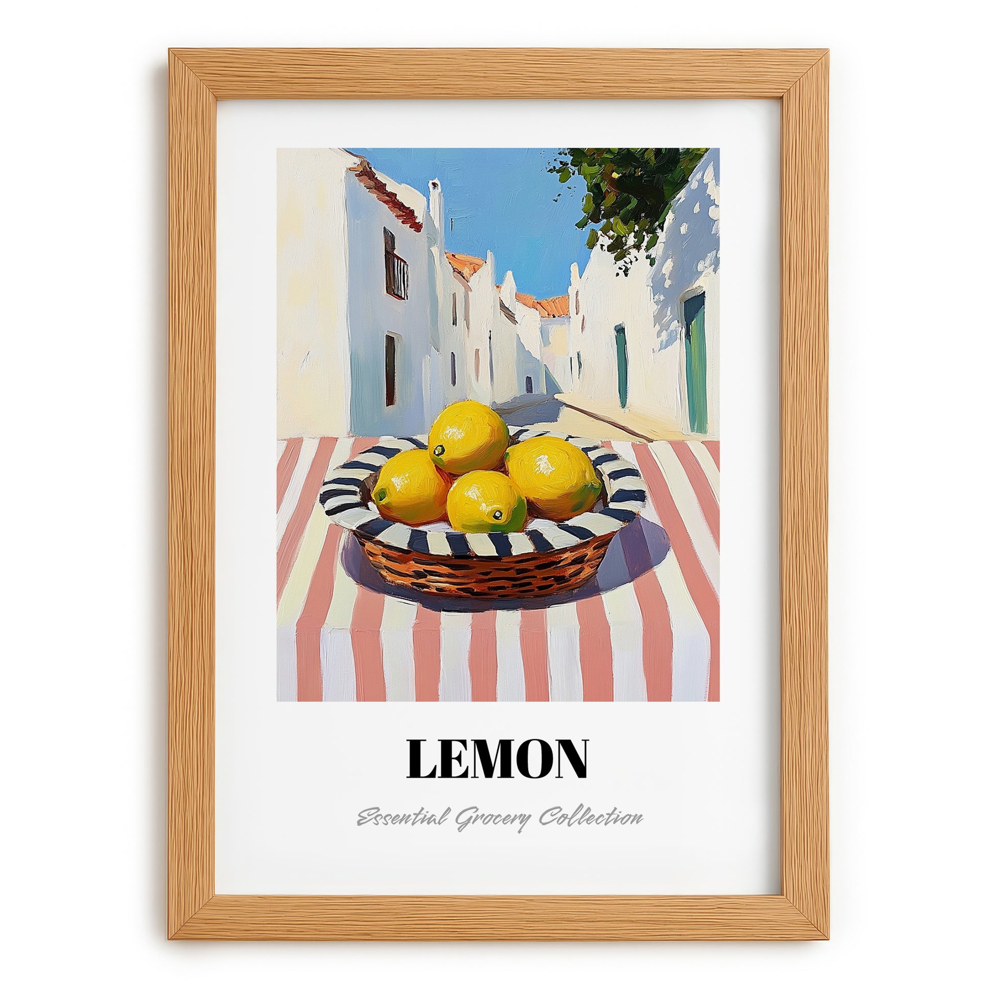 Lemon – White village Street Café Scene, Fruit Wall Decor, set in oak frame
