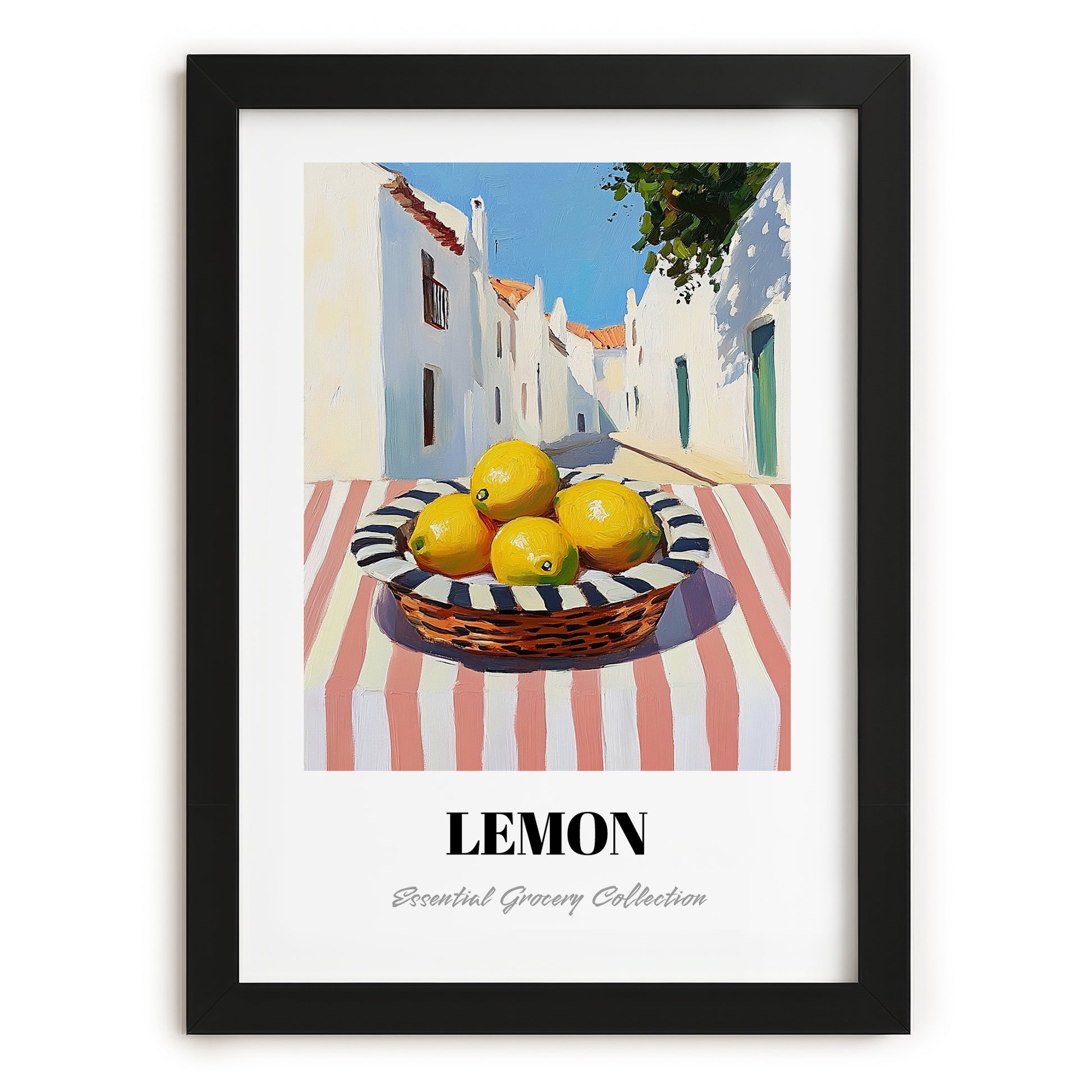 Lemon – White village Street Café Scene, Fruit Wall Decor, in sleek black frame