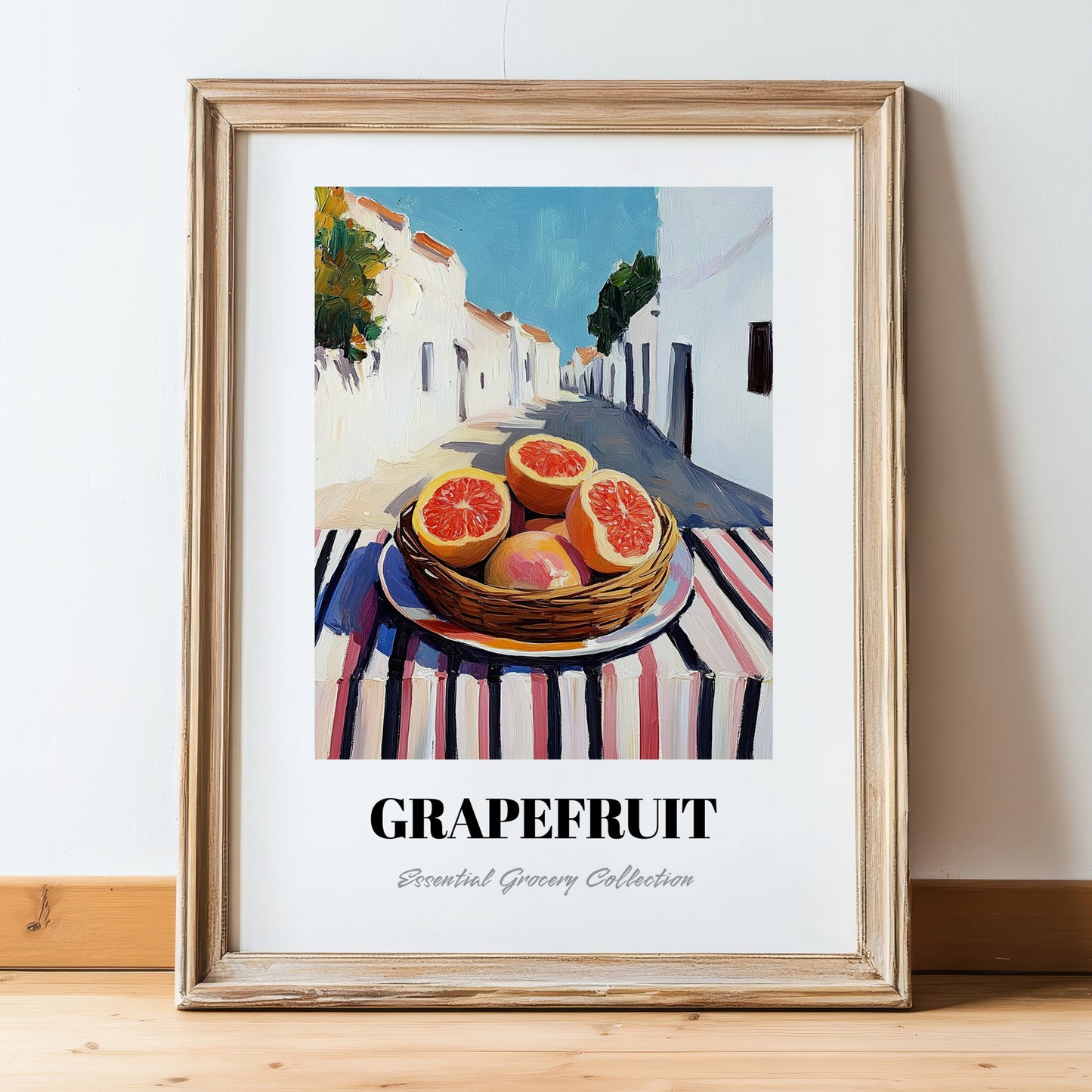 Grapefruit – White village Urban Café Scene, Fruit Wall Art, in wooden frame leaning on the floor