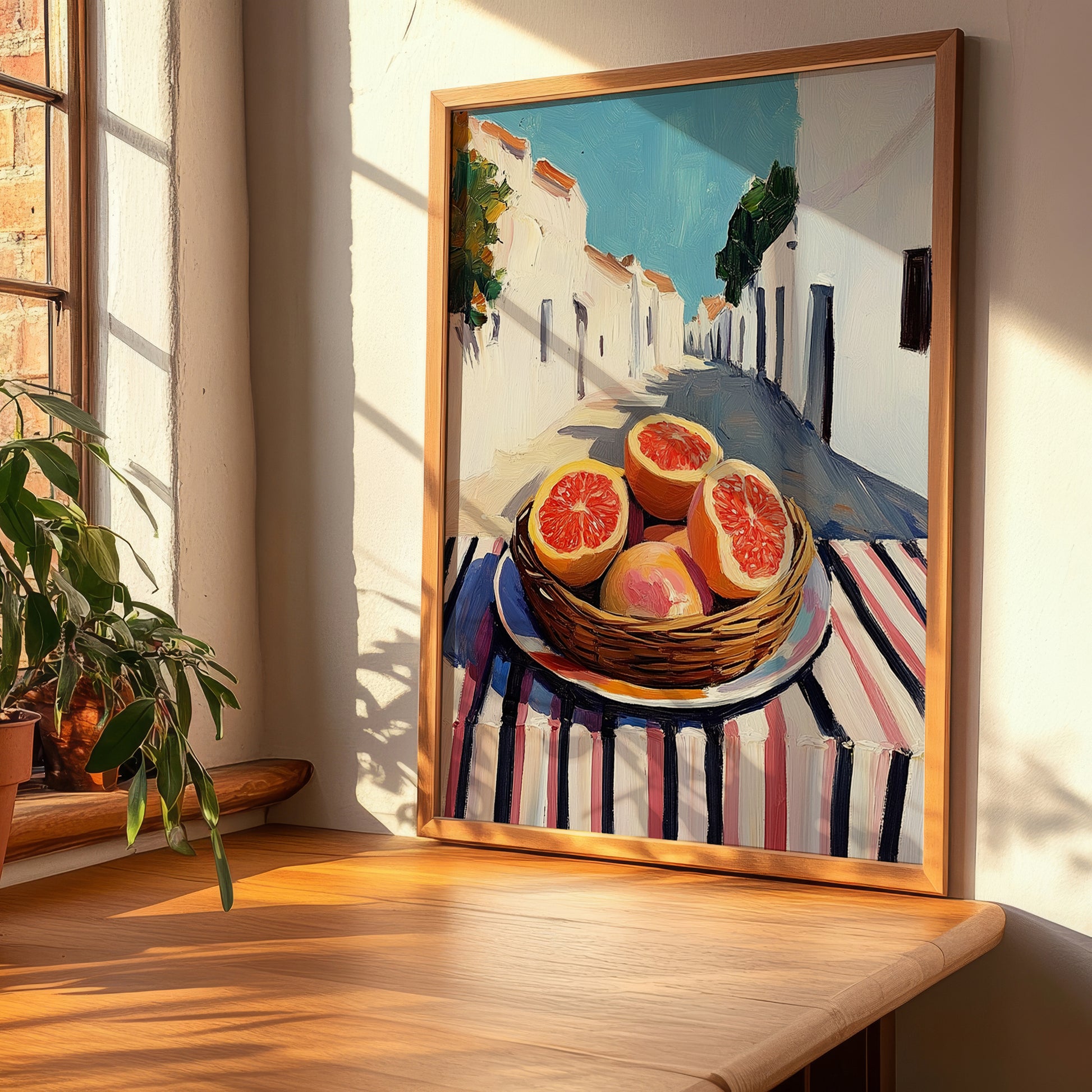 Grapefruit – White village Urban Café Scene, Fruit Wall Art, clean layout with no caption
