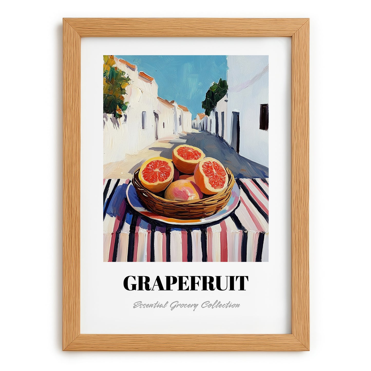 Grapefruit – White village Urban Café Scene, Fruit Wall Art, set in oak frame