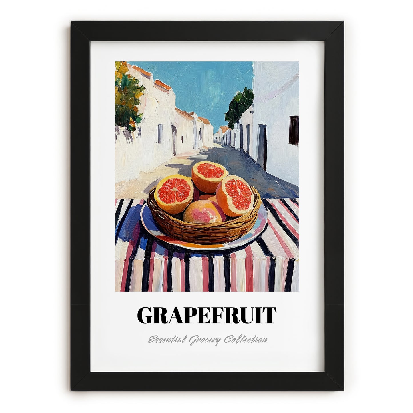 Grapefruit – White village Urban Café Scene, Fruit Wall Art, in sleek black frame