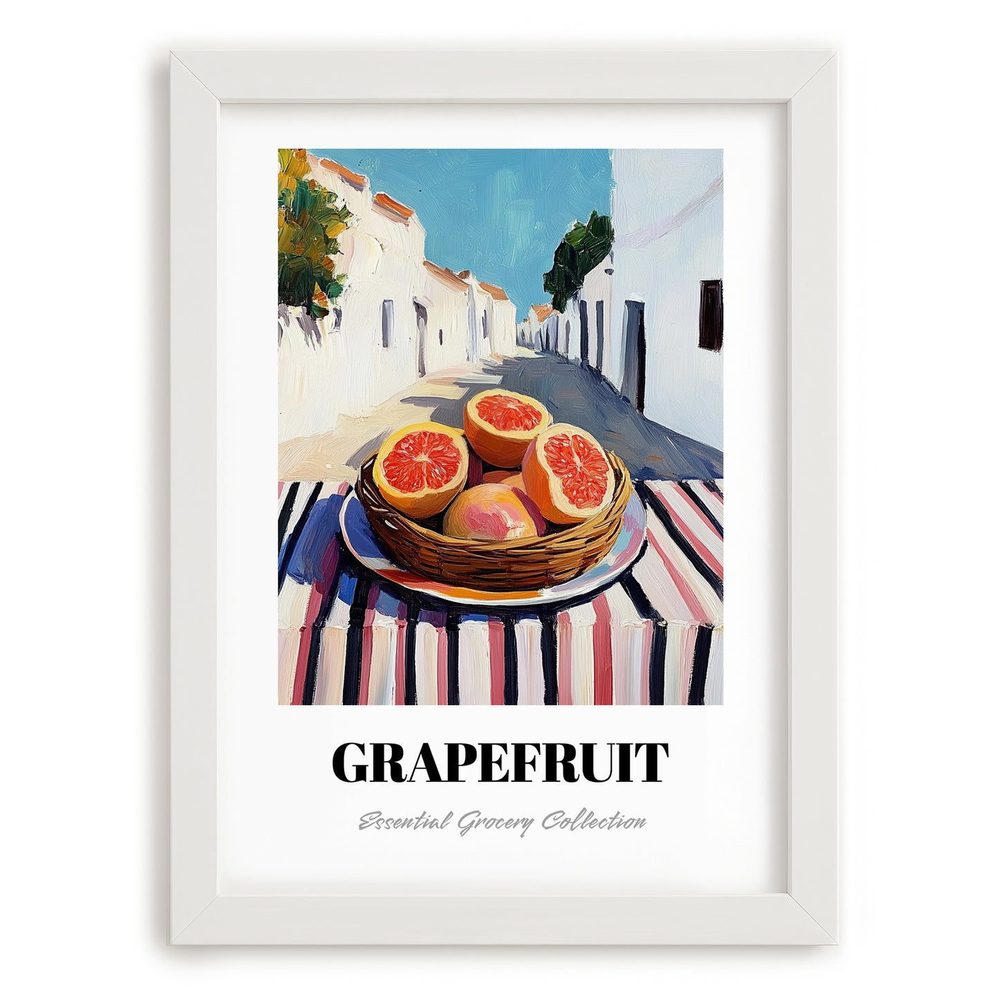 Grapefruit – White village Urban Café Scene, Fruit Wall Art, placed in minimal white frame