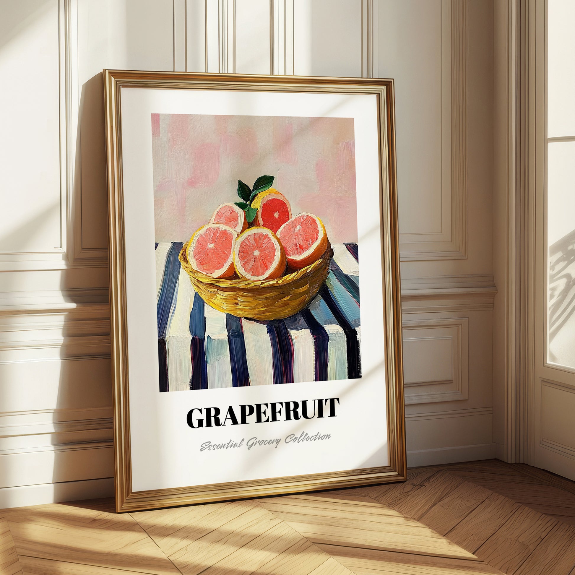 Grapefruit – on Striped Tablecloth, Fruit Still Life