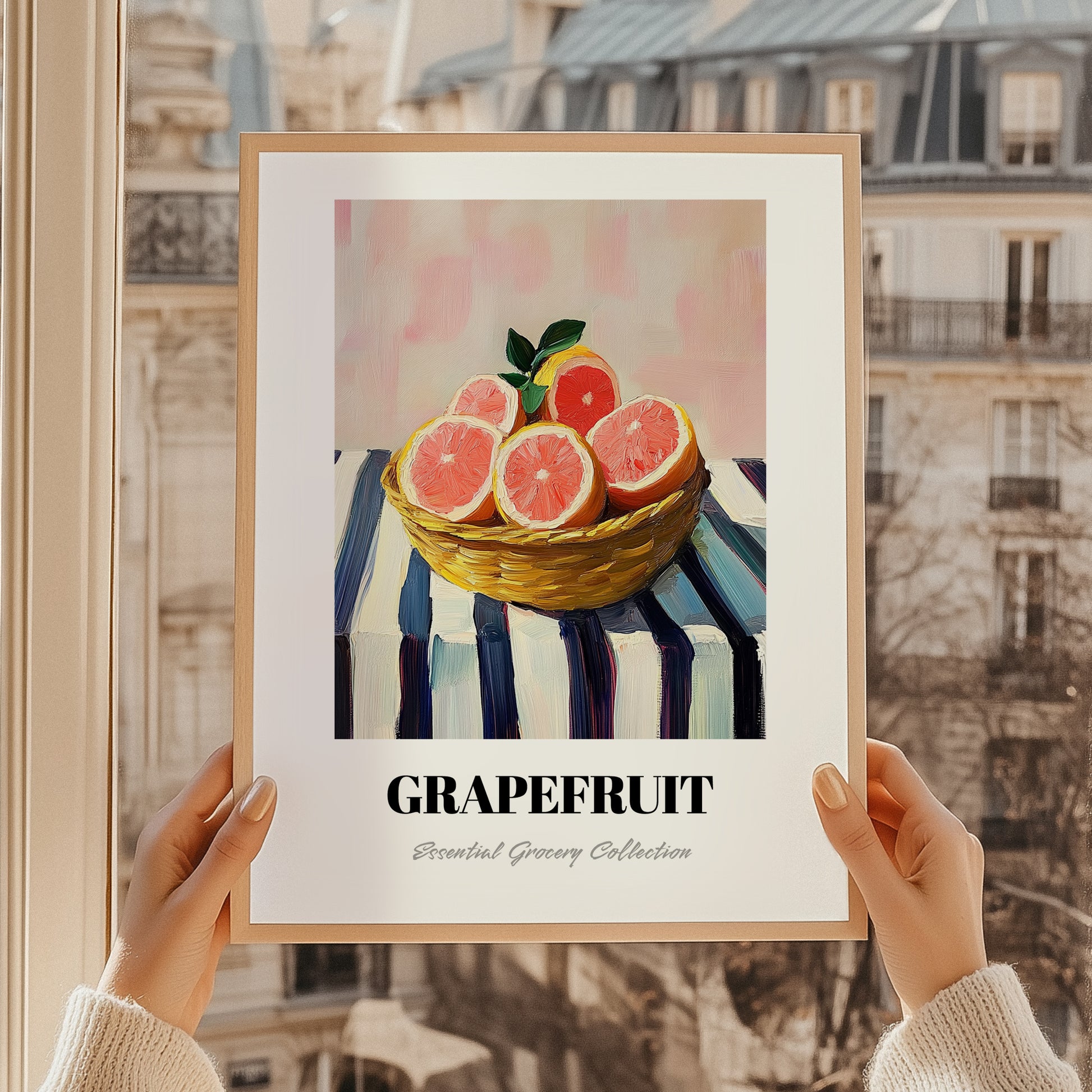 Grapefruit – on Striped Tablecloth, Fruit Still Life, styled in a charming Paris street view