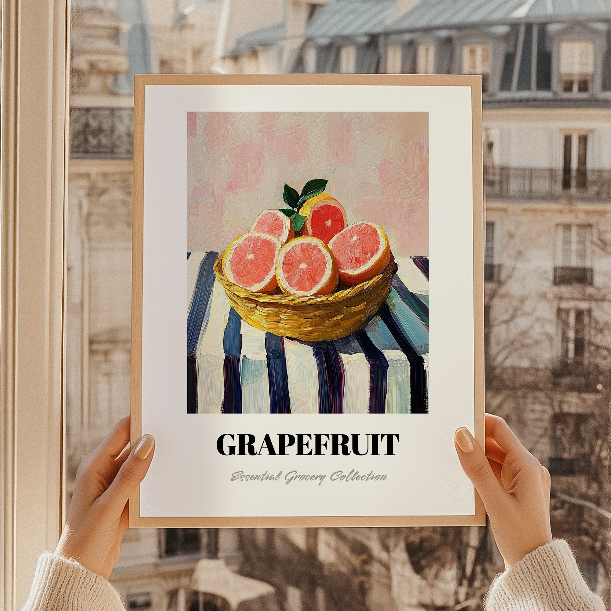 Grapefruit – on Striped Tablecloth, Fruit Still Life, styled in a charming Paris street view