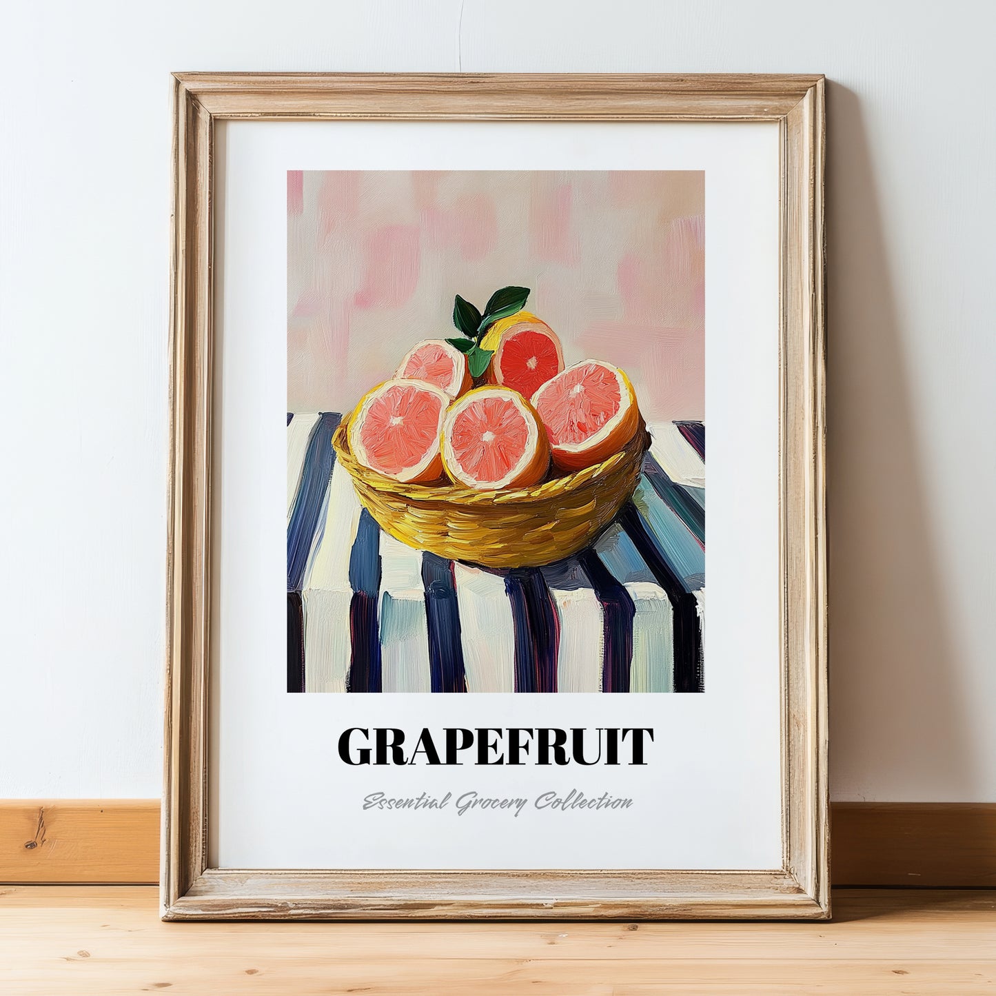 Grapefruit – on Striped Tablecloth, Fruit Still Life, in wooden frame leaning on the floor