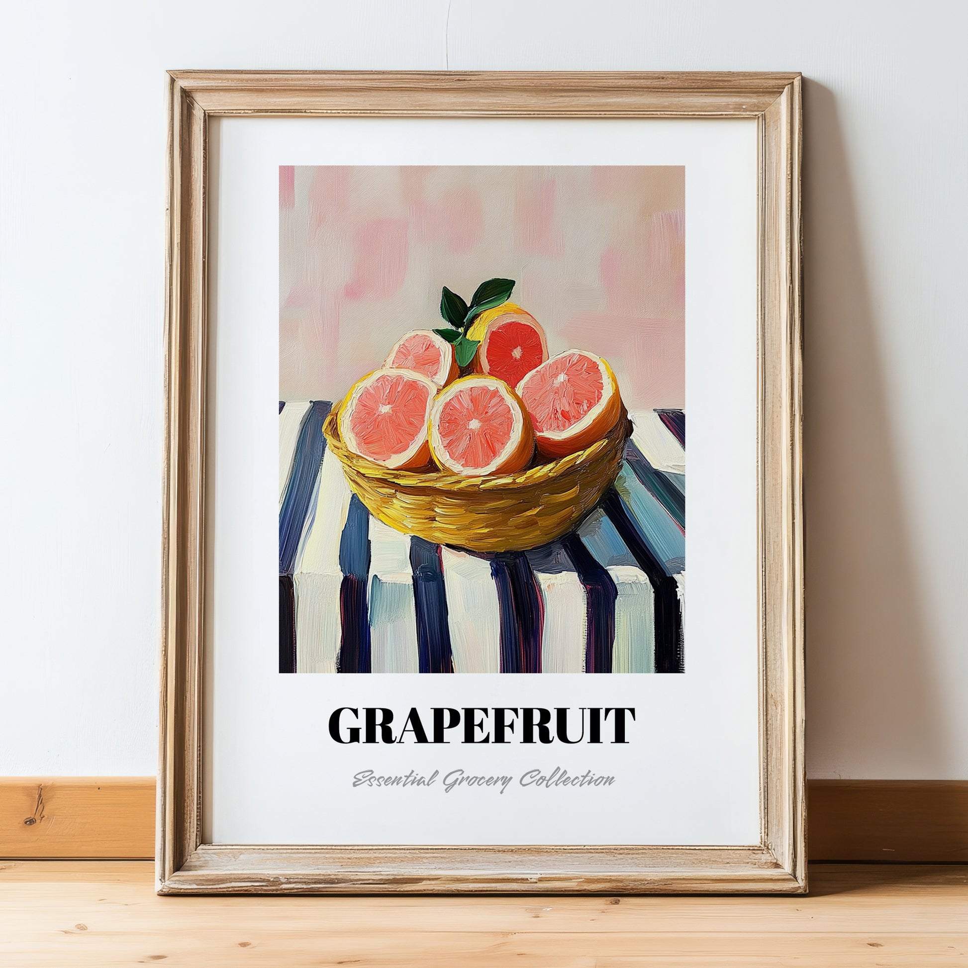 Grapefruit – on Striped Tablecloth, Fruit Still Life, in wooden frame leaning on the floor