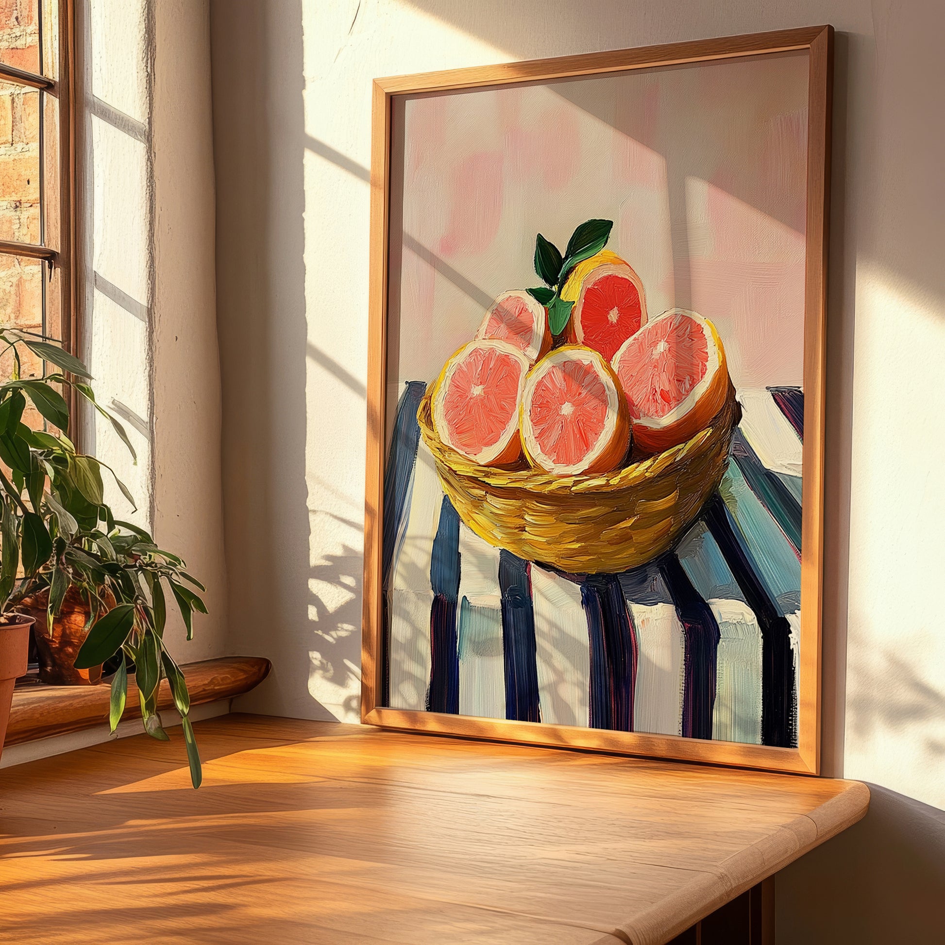 Grapefruit – on Striped Tablecloth, Fruit Still Life, clean layout with no caption