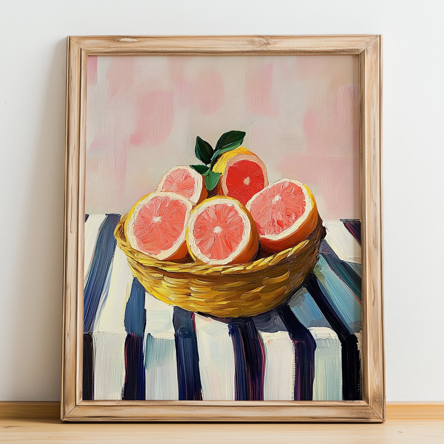 Grapefruit – on Striped Tablecloth, Fruit Still Life, no-text version framed in wood