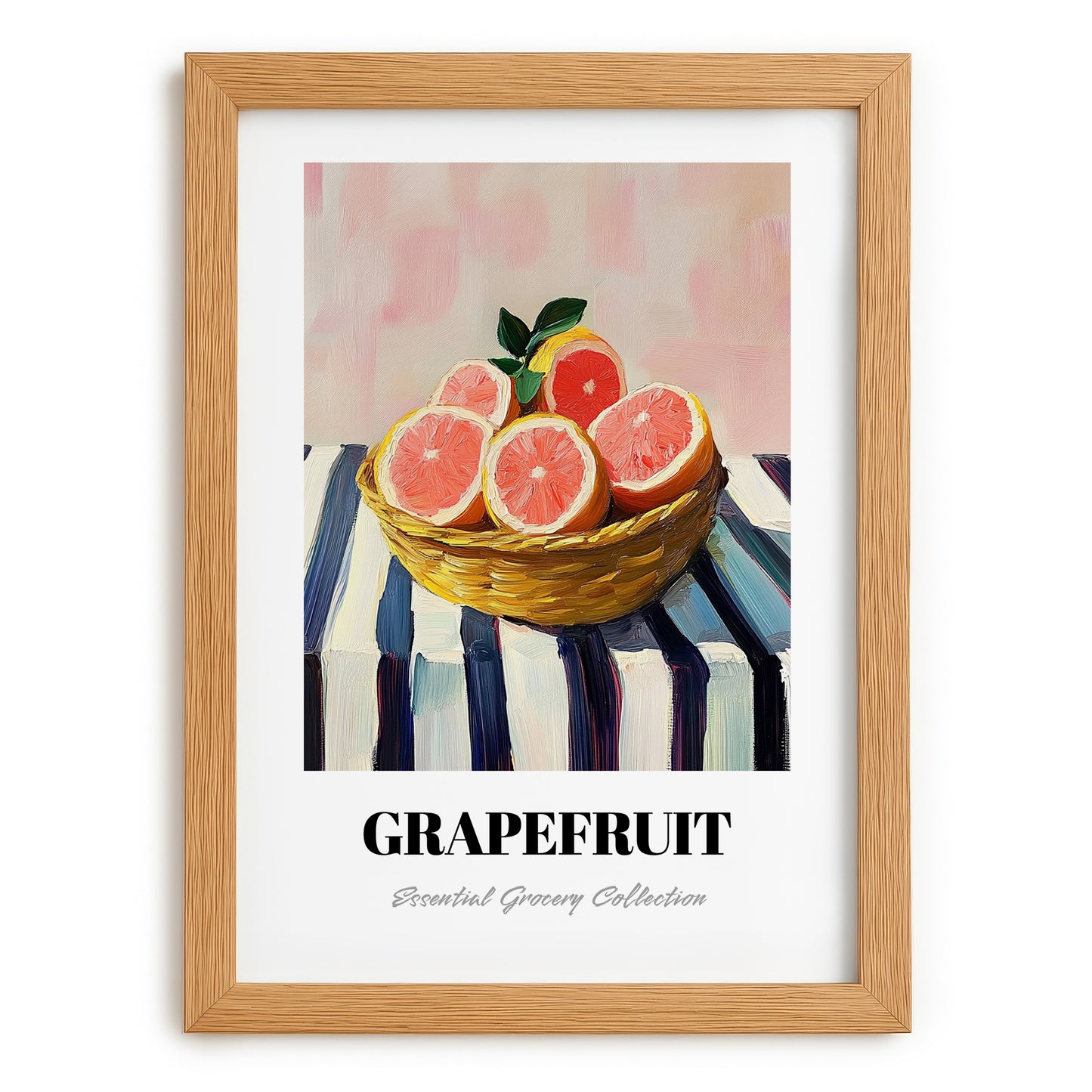 Grapefruit – on Striped Tablecloth, Fruit Still Life, set in oak frame
