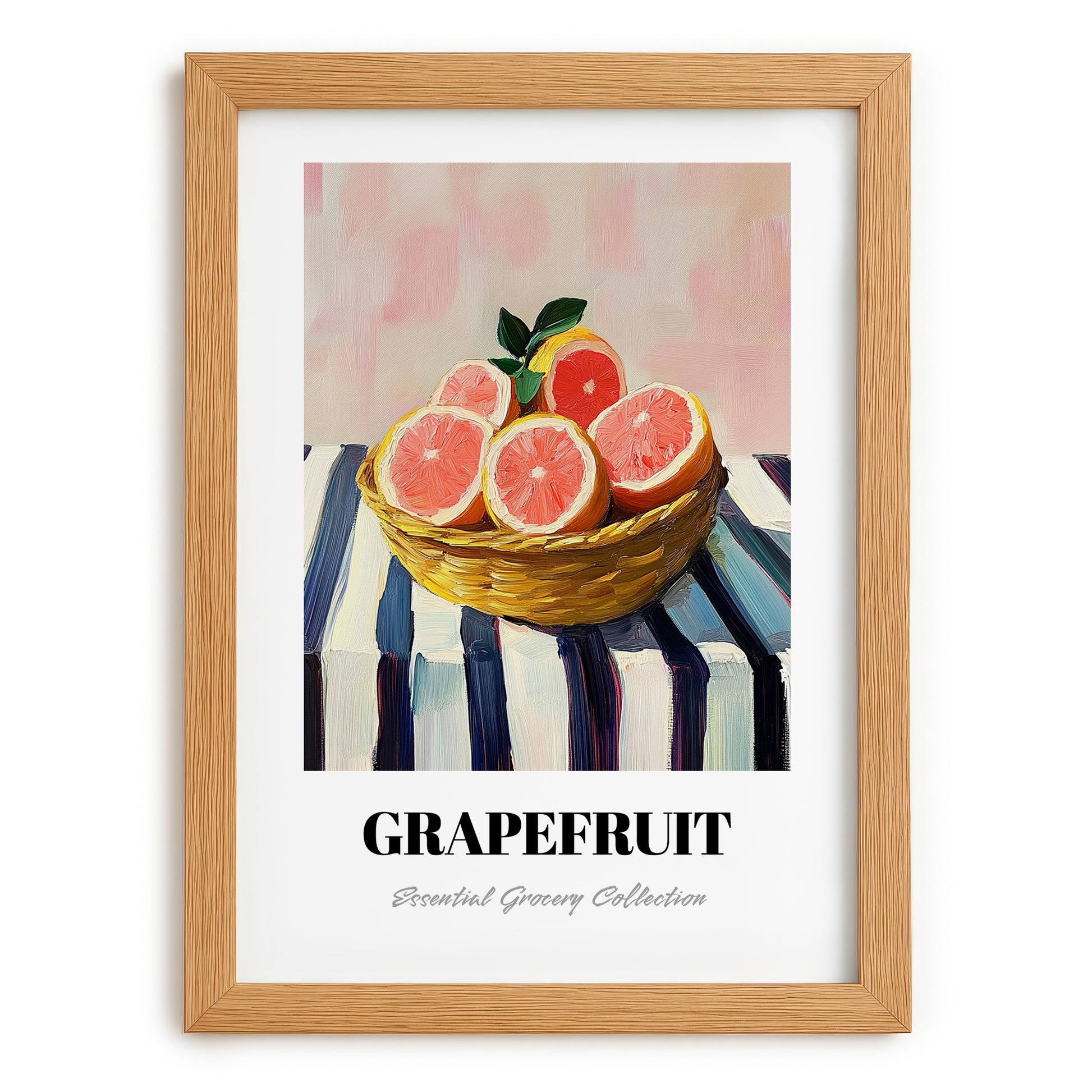 Grapefruit – on Striped Tablecloth, Fruit Still Life, set in oak frame