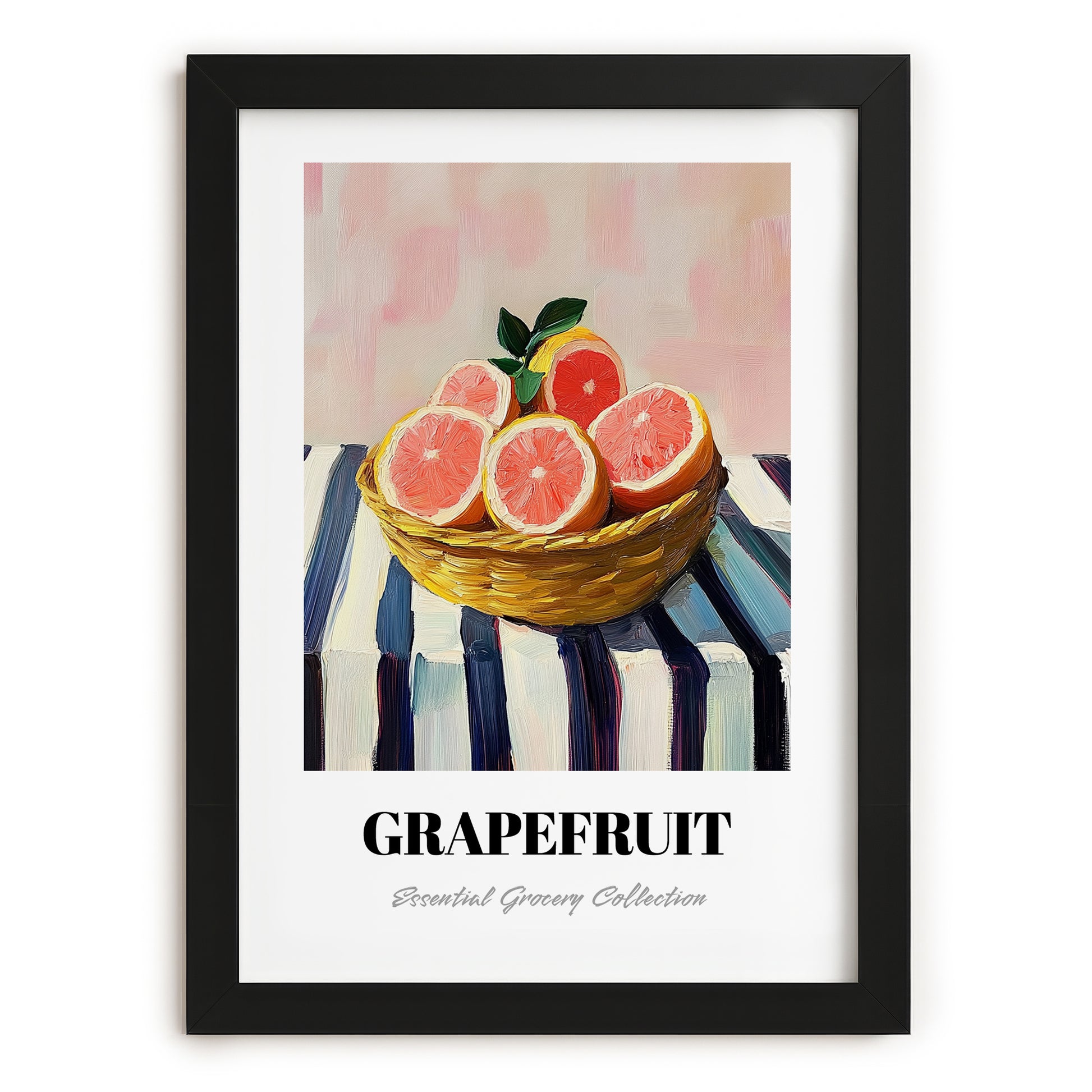 Grapefruit – on Striped Tablecloth, Fruit Still Life, in sleek black frame
