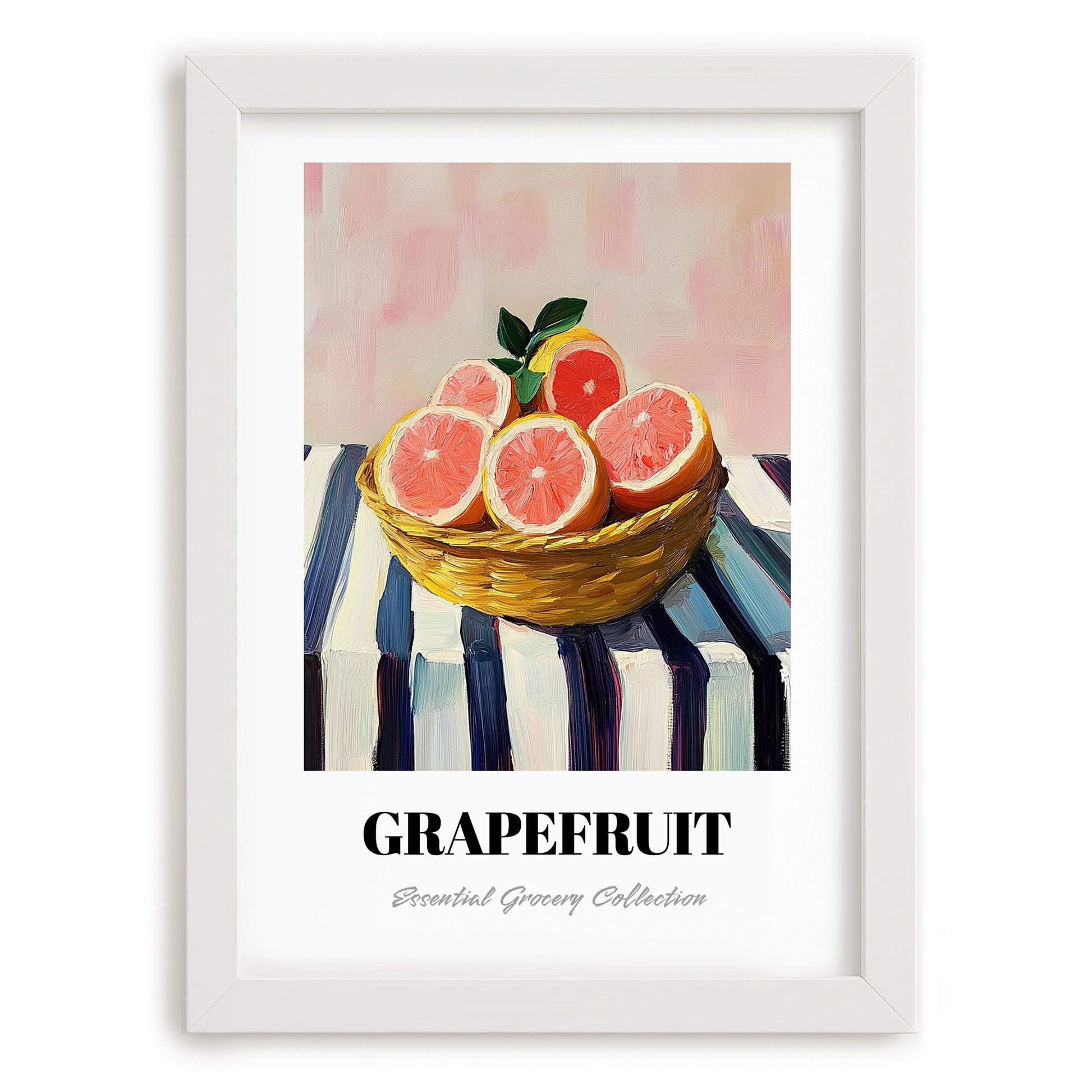 Grapefruit – on Striped Tablecloth, Fruit Still Life, placed in minimal white frame