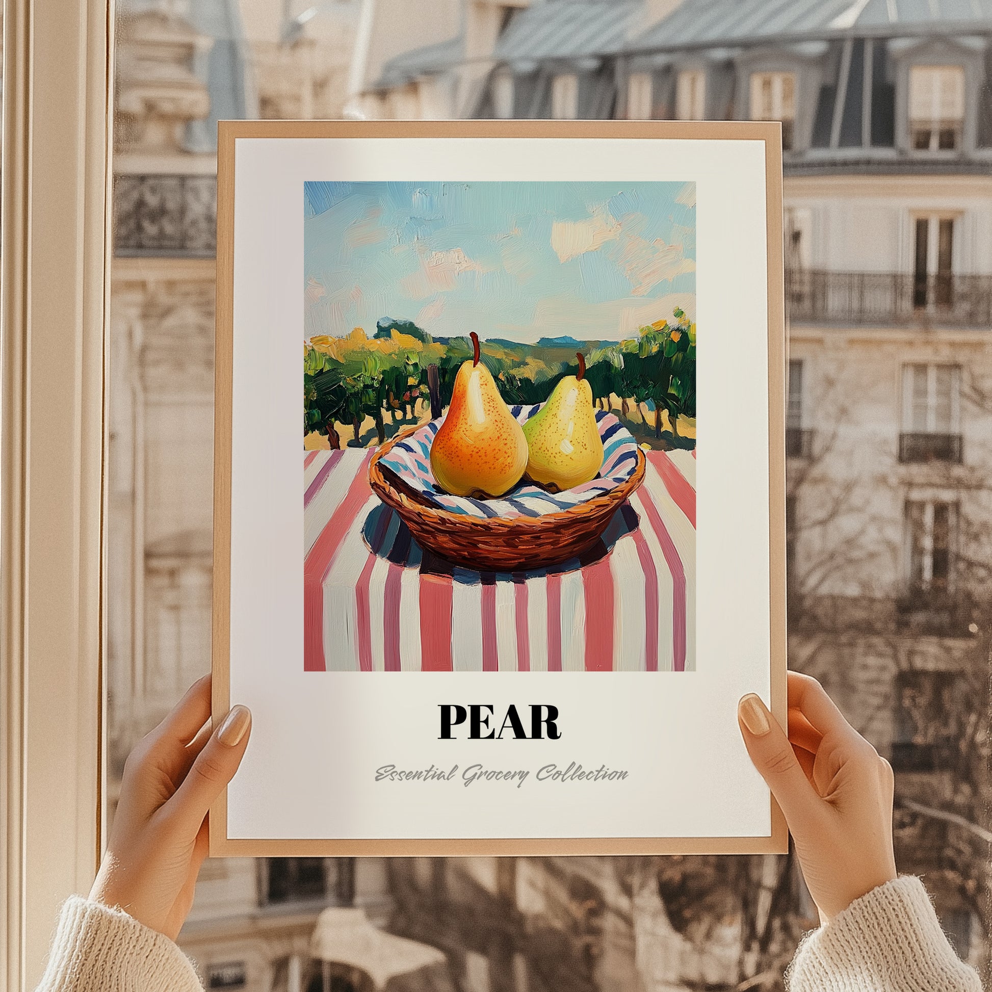 Pear – Green Valley Landscape, Fruit Still Life, styled in a charming Paris street view