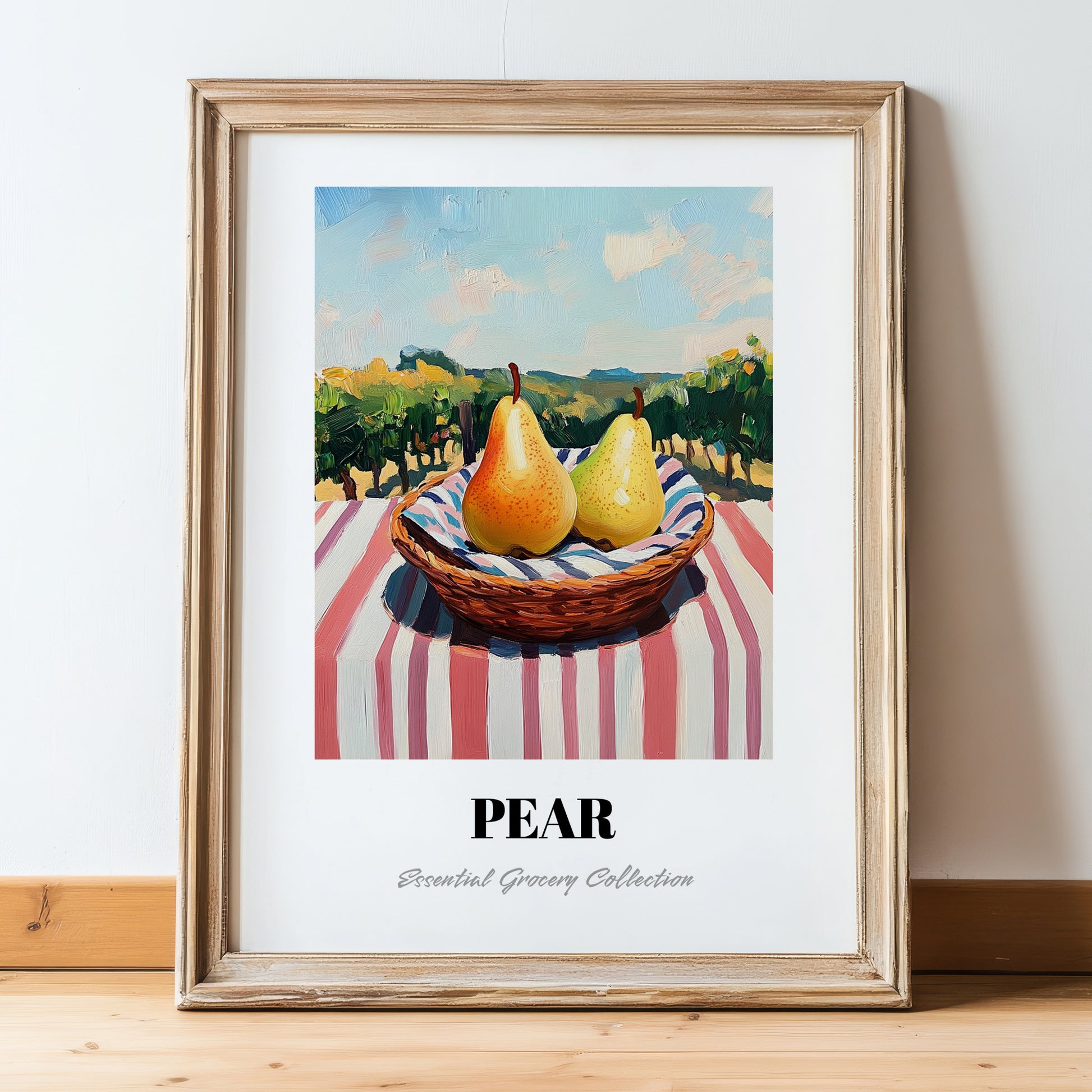 Pear – Green Valley Landscape, Fruit Still Life, in wooden frame leaning on the floor