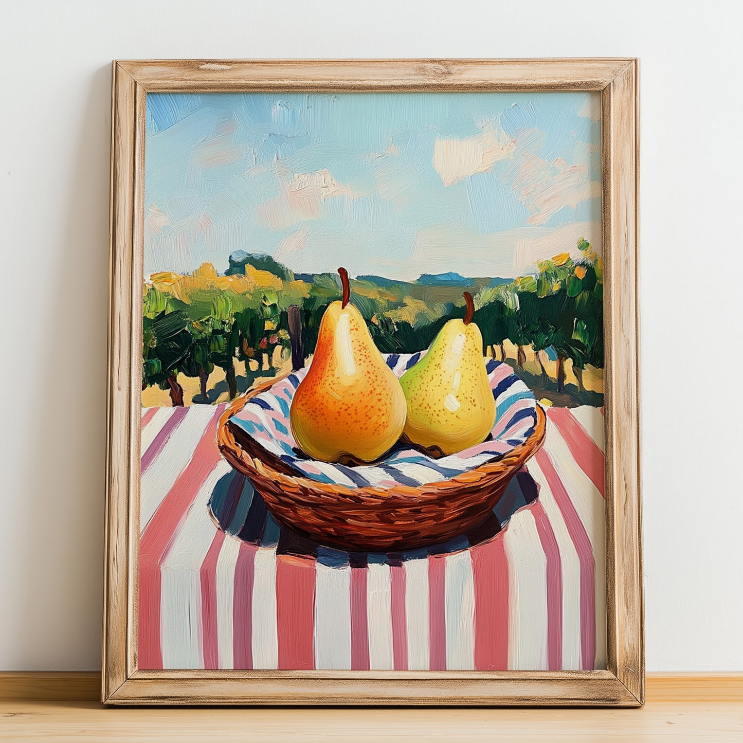 Pear – Green Valley Landscape, Fruit Still Life, no-text version framed in wood