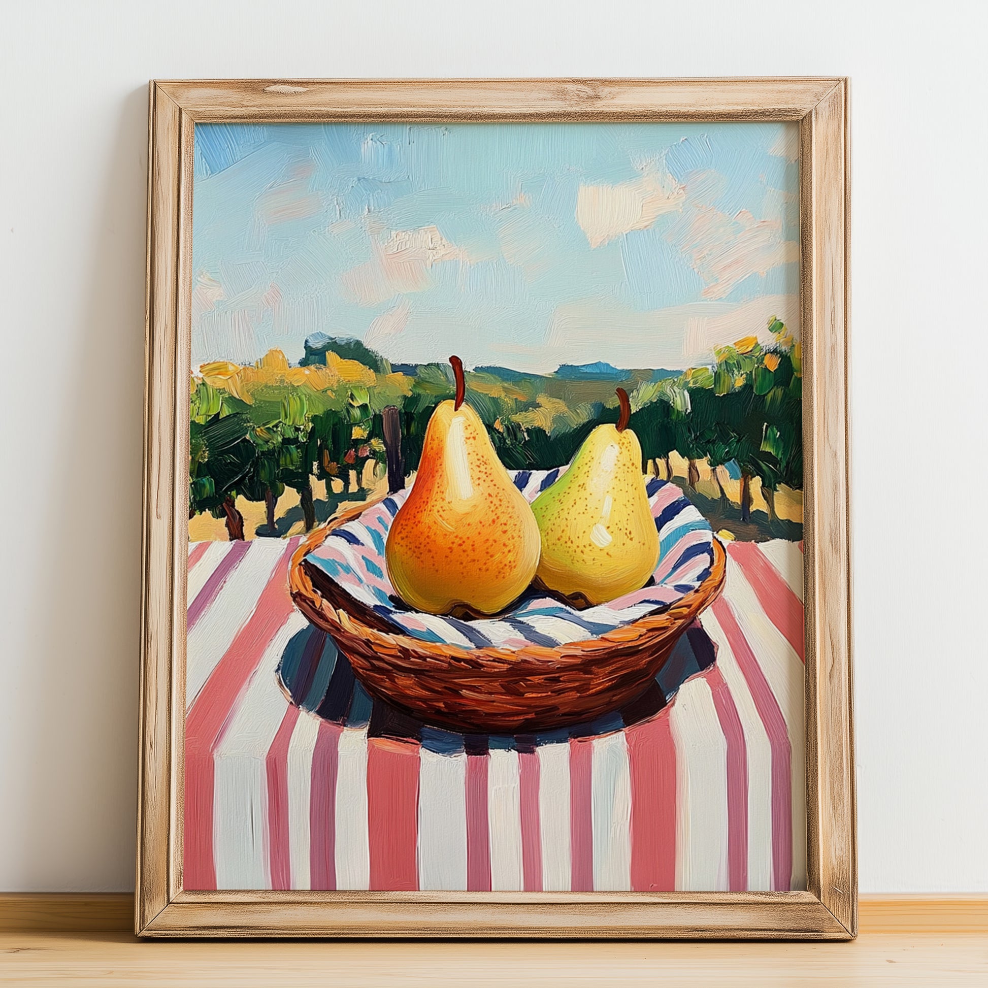 Pear – Green Valley Landscape, Fruit Still Life, no-text version framed in wood
