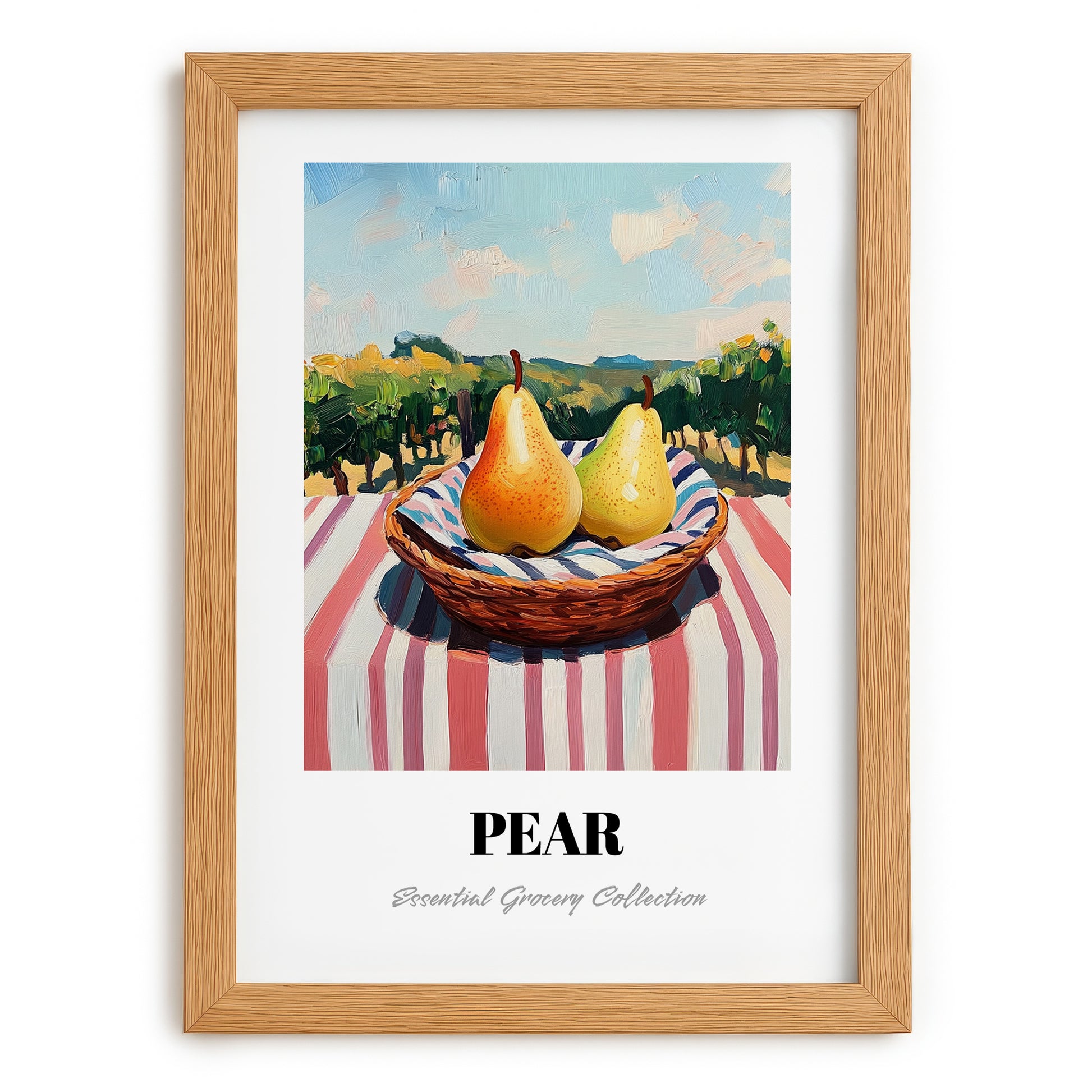 Pear – Green Valley Landscape, Fruit Still Life, set in oak frame