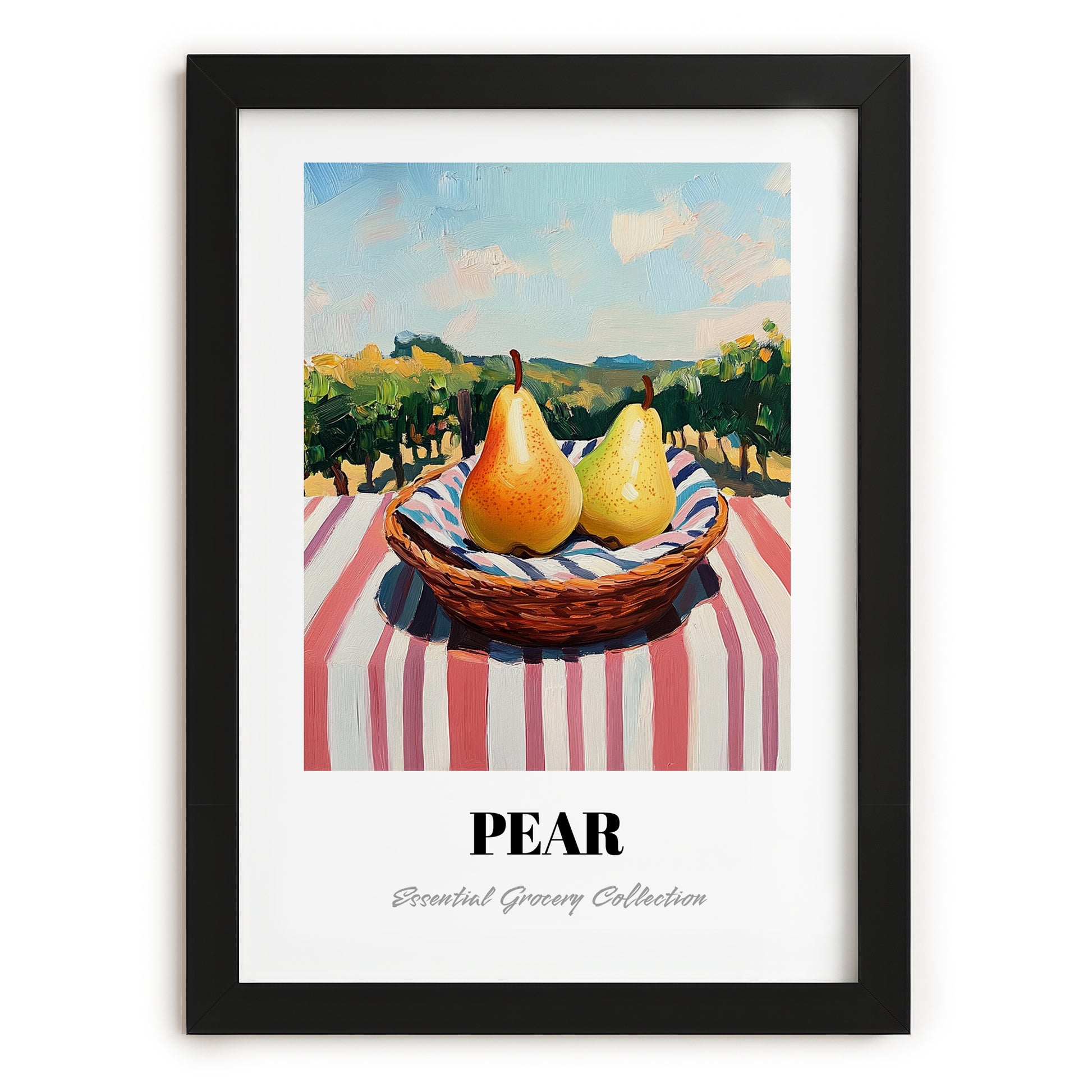 Pear – Green Valley Landscape, Fruit Still Life, in sleek black frame