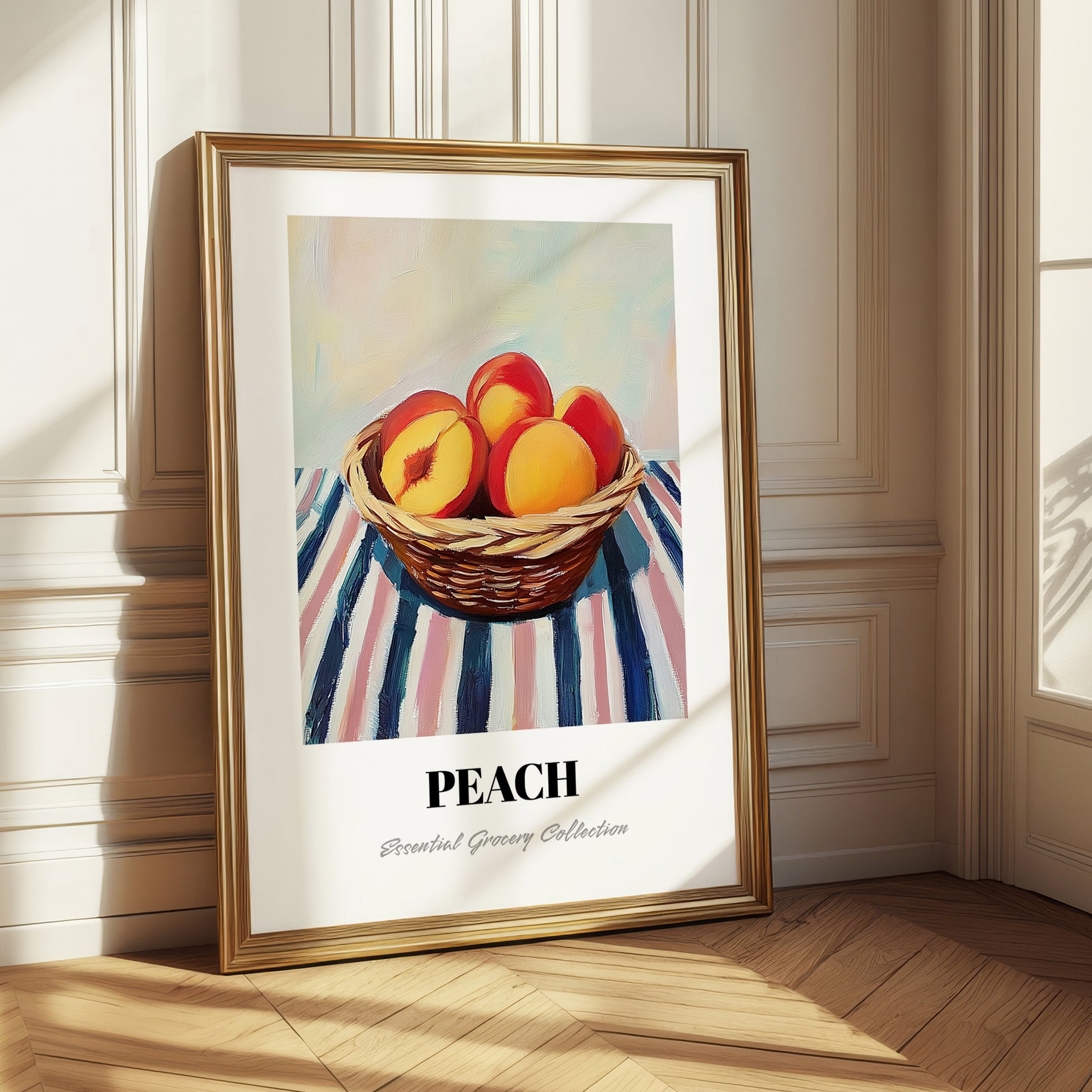 Peach – on Striped Tablecloth, Fruit Still Life